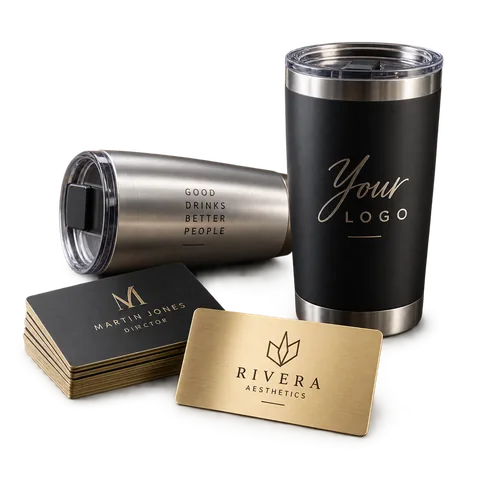 Engraved stainless steel tumblers alongside anodised black and gold metal business cards