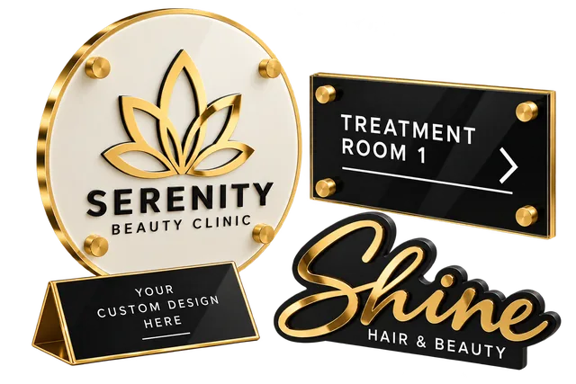 A round gold-edged reception sign, a black wayfinding sign, a table sign, and dimensional gold lettering — examples of bespoke acrylic signage