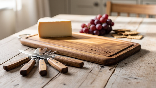 Engraved acacia board and cheese knife set on a wooden table – personalised cheese board gift – Etch 'N' Shine