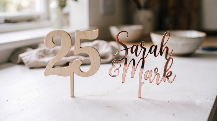Acrylic vs wooden wedding cake toppers: how to choose a personalised, laser-cut topper