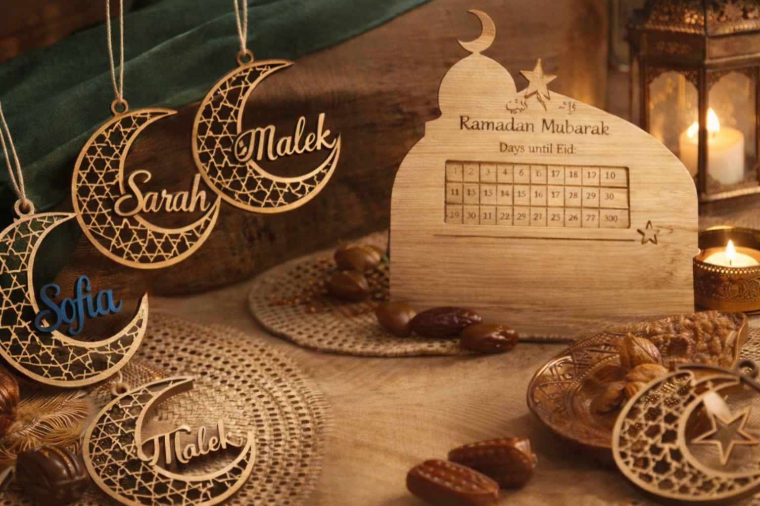 Decorative wooden ornaments with names and a Ramadan countdown calendar on a wooden surface.