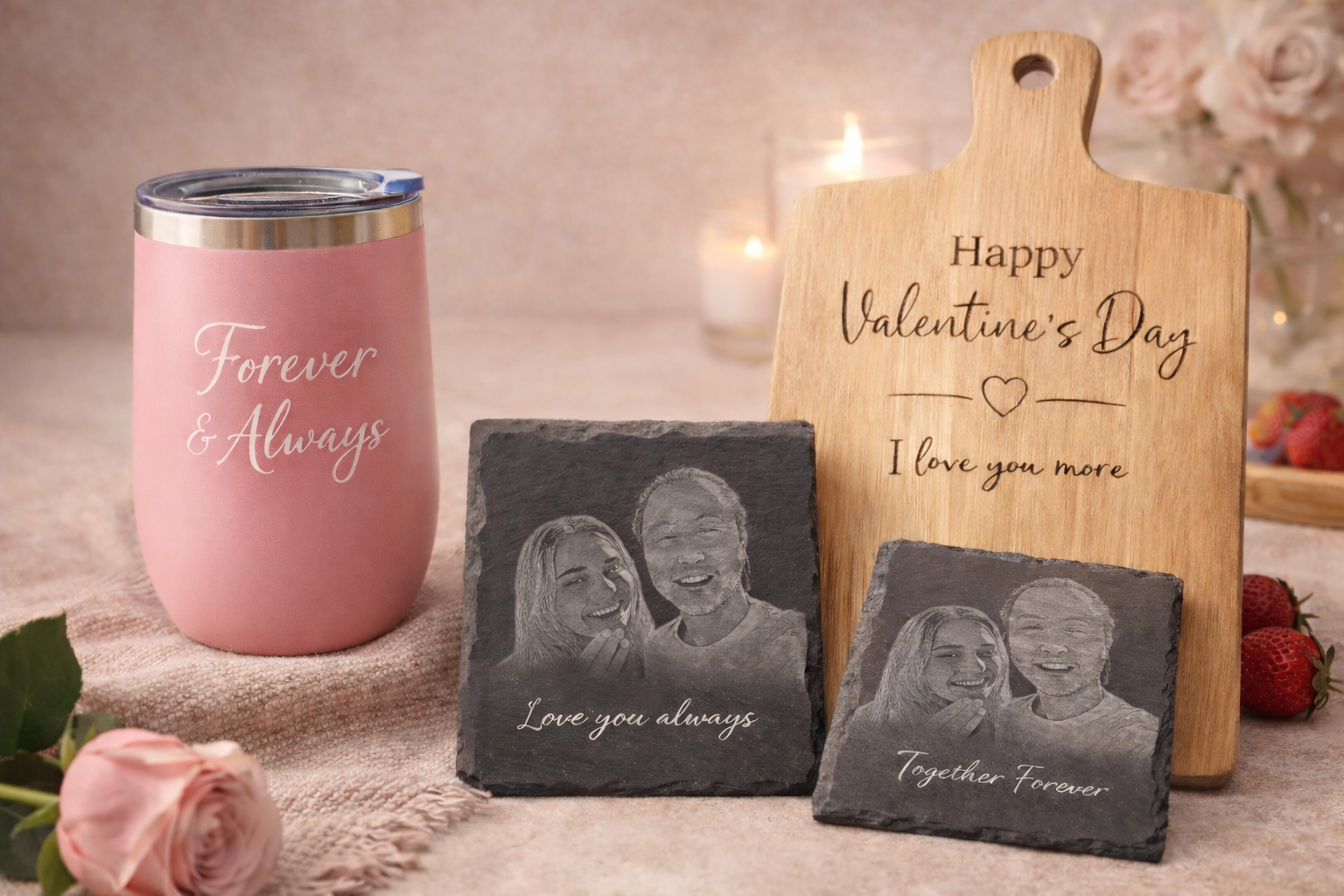 Pink tumbler, wooden cutting board, and slate coasters with engraved text and family photos on a decorative surface for valentines day.
