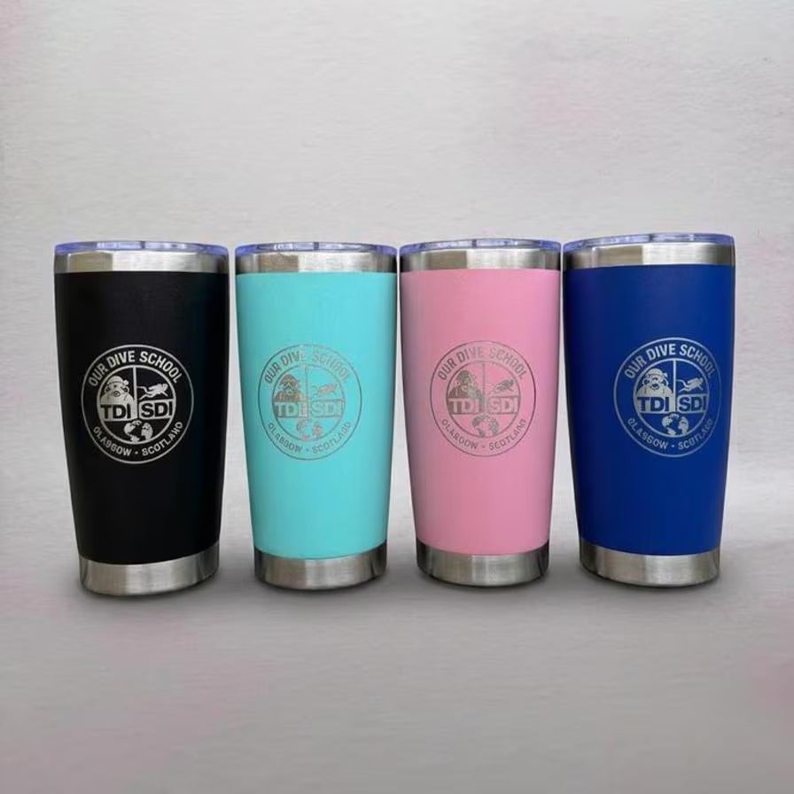 Row of personalised 20oz tumblers in assorted colours – engraved 20oz stainless steel tumblers – Etch 'N' Shine