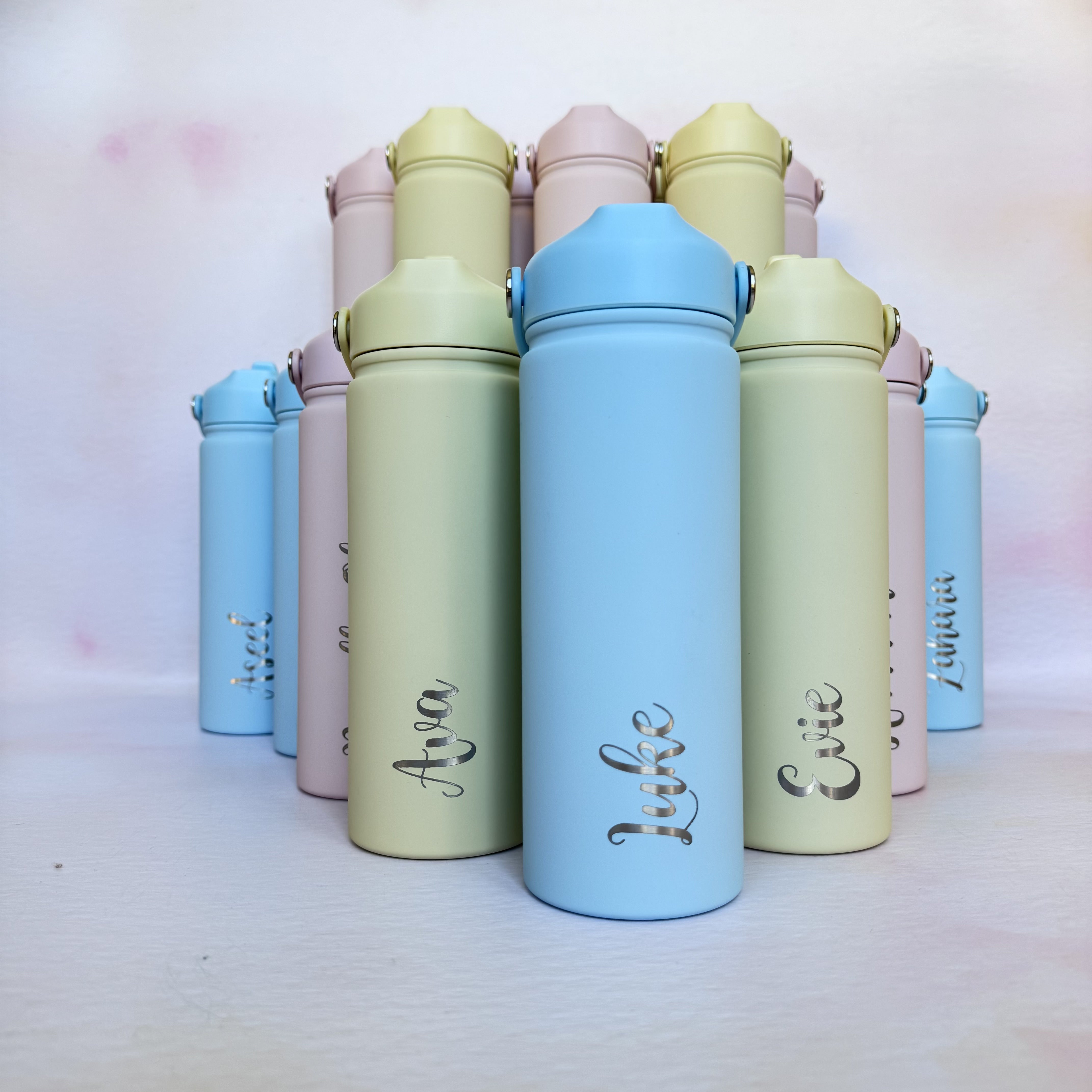 Pastel insulated bottles with custom names – personalised steel water bottles – Etch 'N' Shine