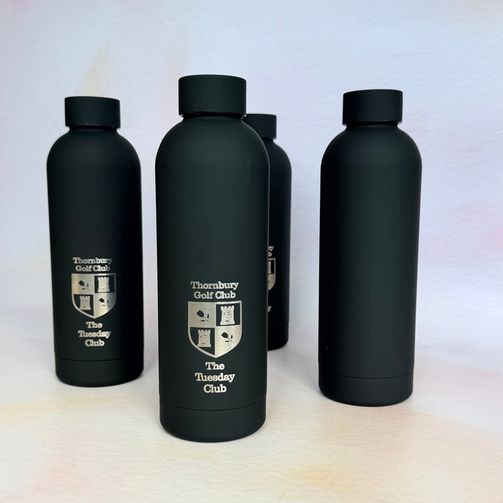 Set of black water bottles with a logo on a white background