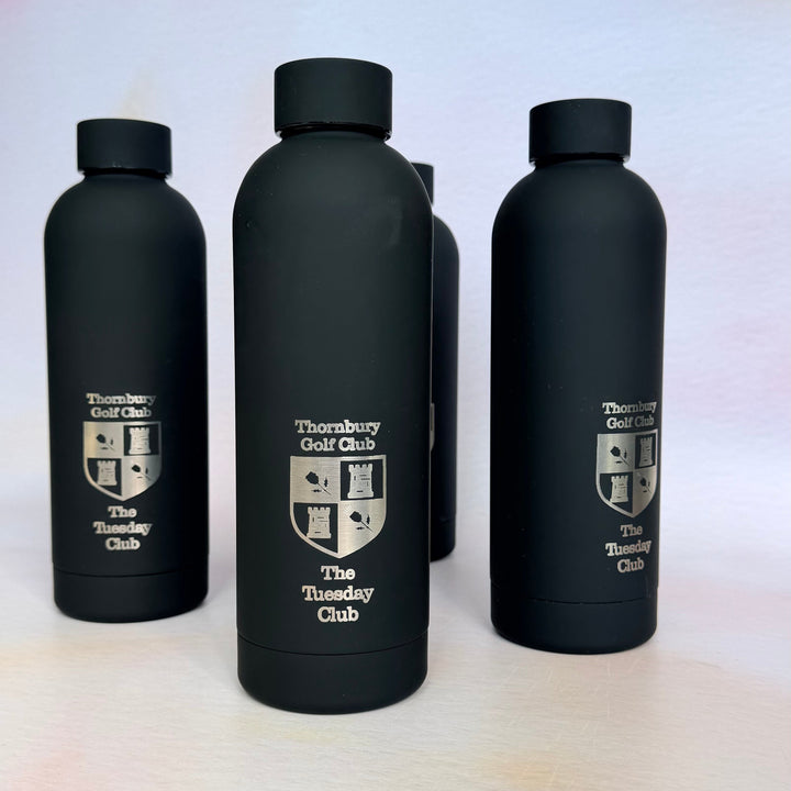 Set of black water bottles with a logo on a white background