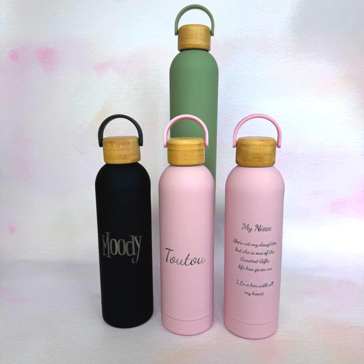 Personalised engraved 750ml premium stainless steel bottles in gold and rose gold – personalised water bottles – Etch 'N' Shine