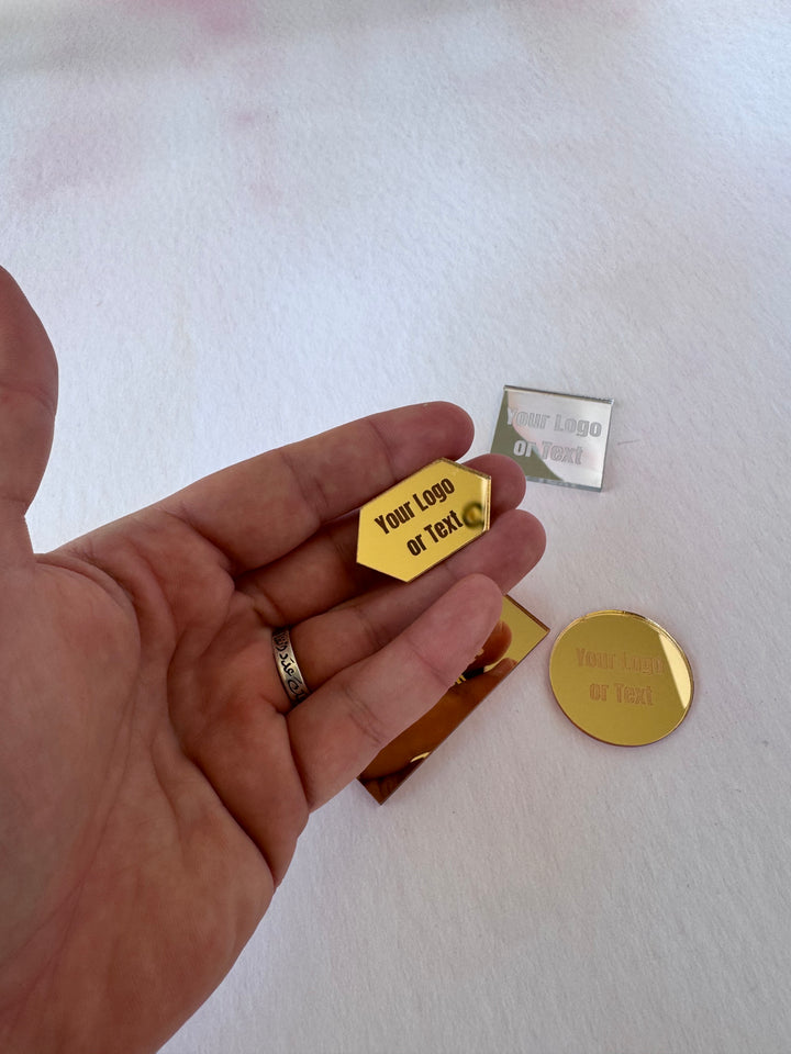 Gold mirror acrylic hexagon tag engraved with sample logo text – custom logo acrylic tag – Etch 'N' Shine