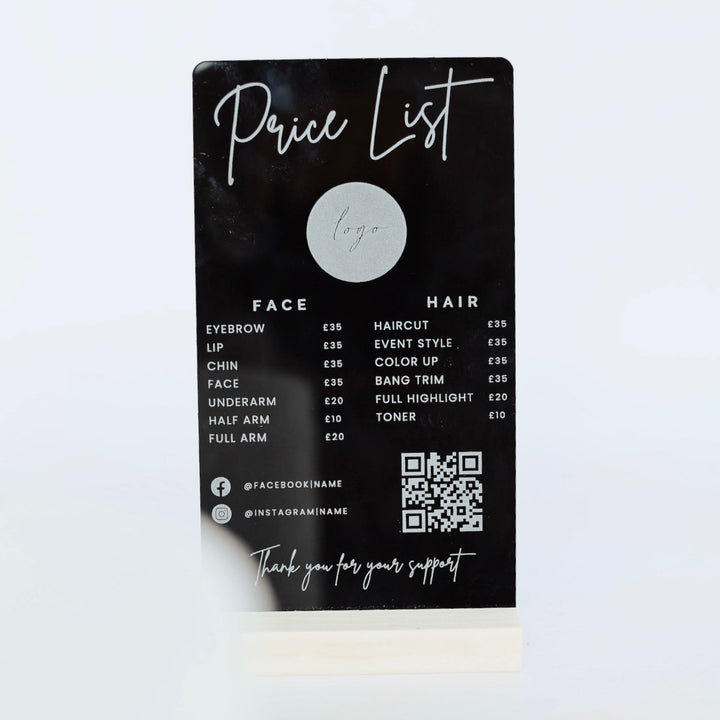 Black price list card with white text and QR code on a white background