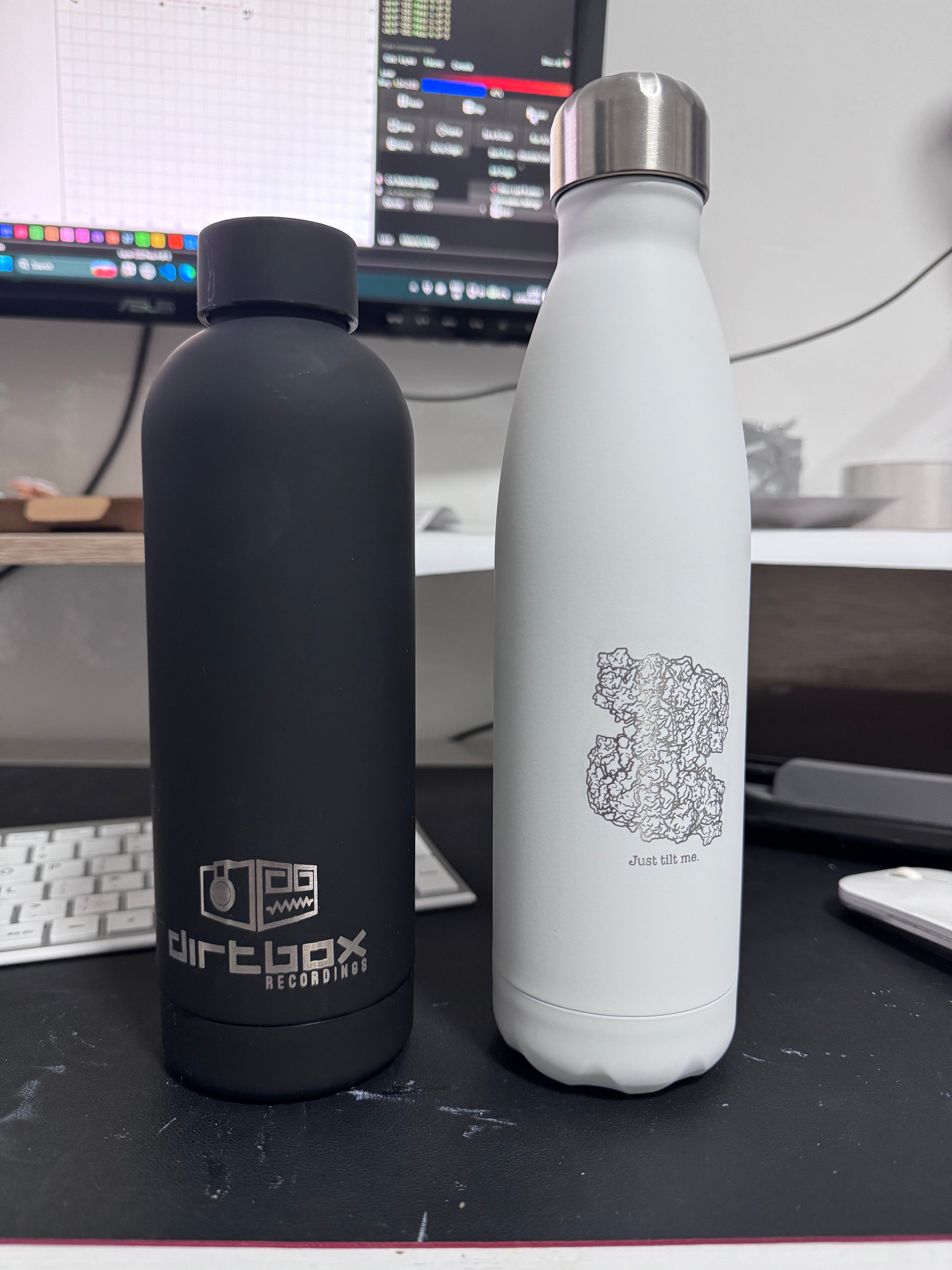 Black and white personalised 500ml bowling pin bottles with custom engraving