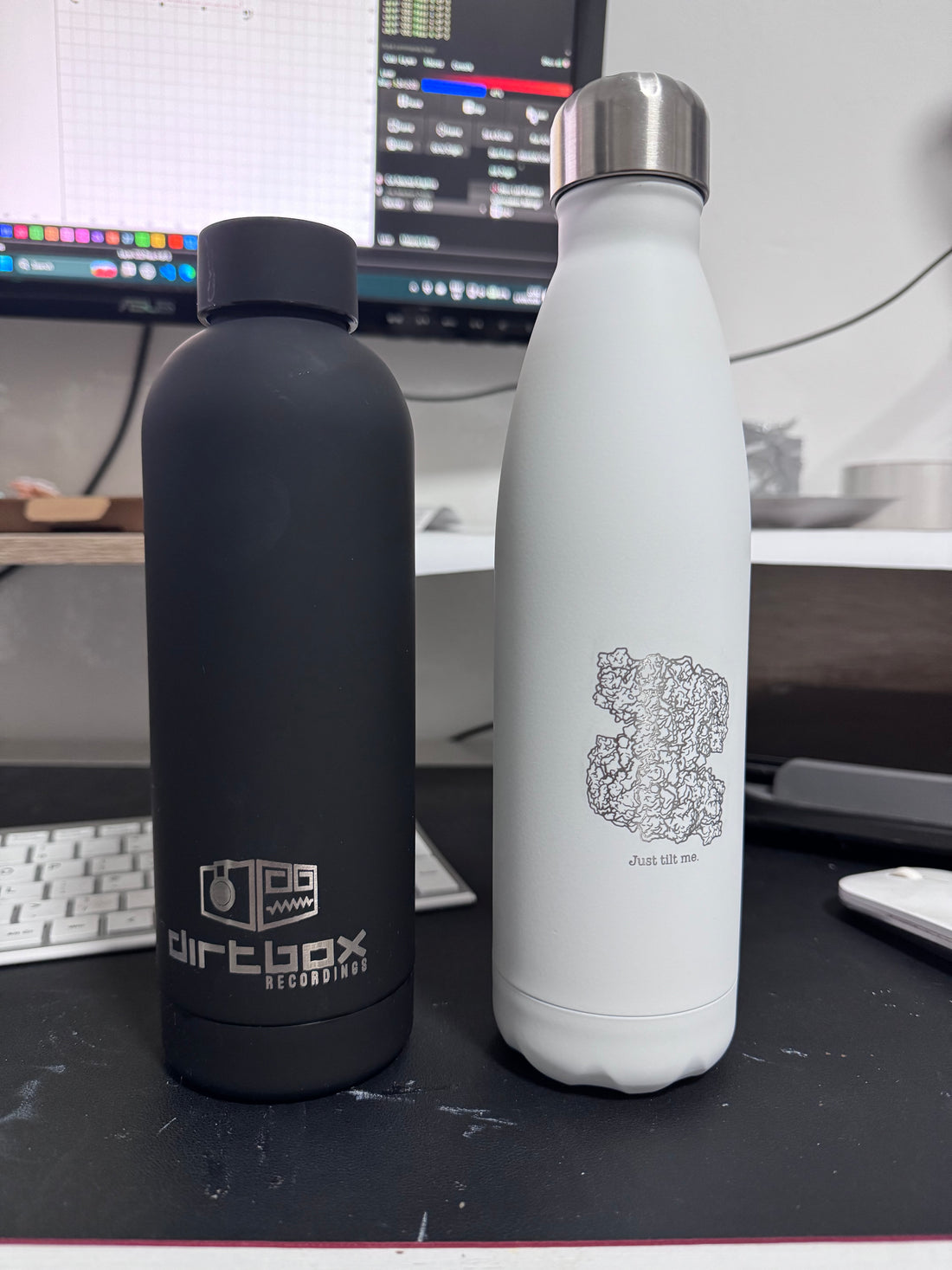 Black and white personalised 500ml bowling pin bottles with custom engraving