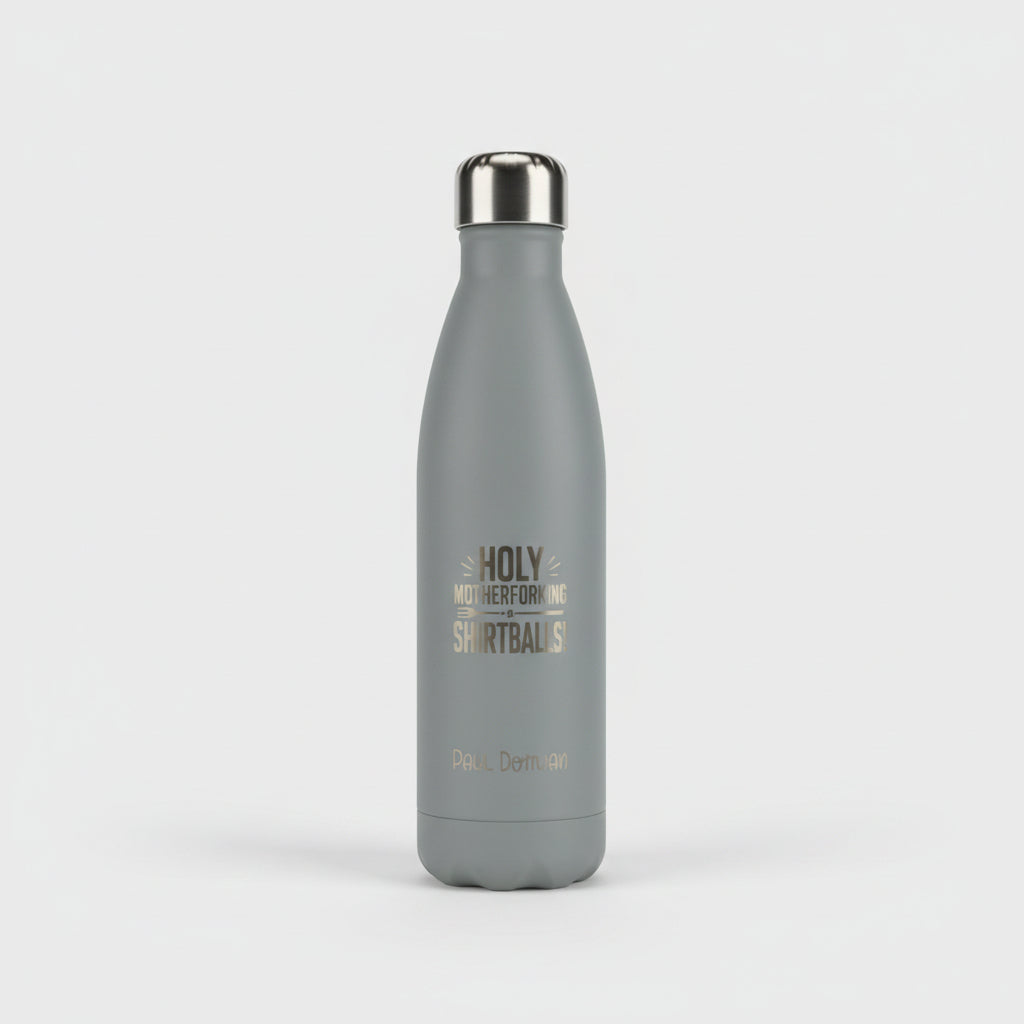 Grey personalised 500ml bowling pin bottle shown in a lifestyle setting