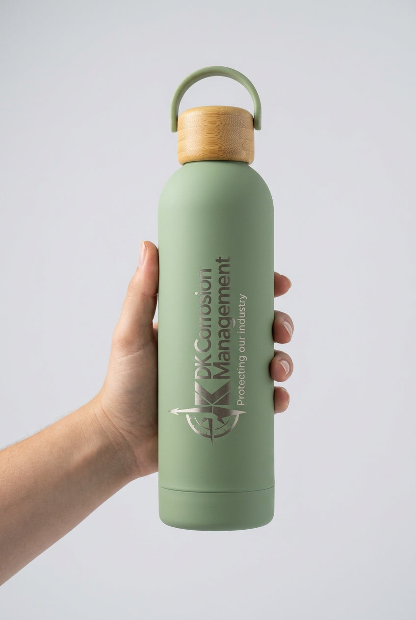 Sage green insulated bottle with bamboo lid, engraved with the DK Corrosion Management logo – Etch 'N' Shine