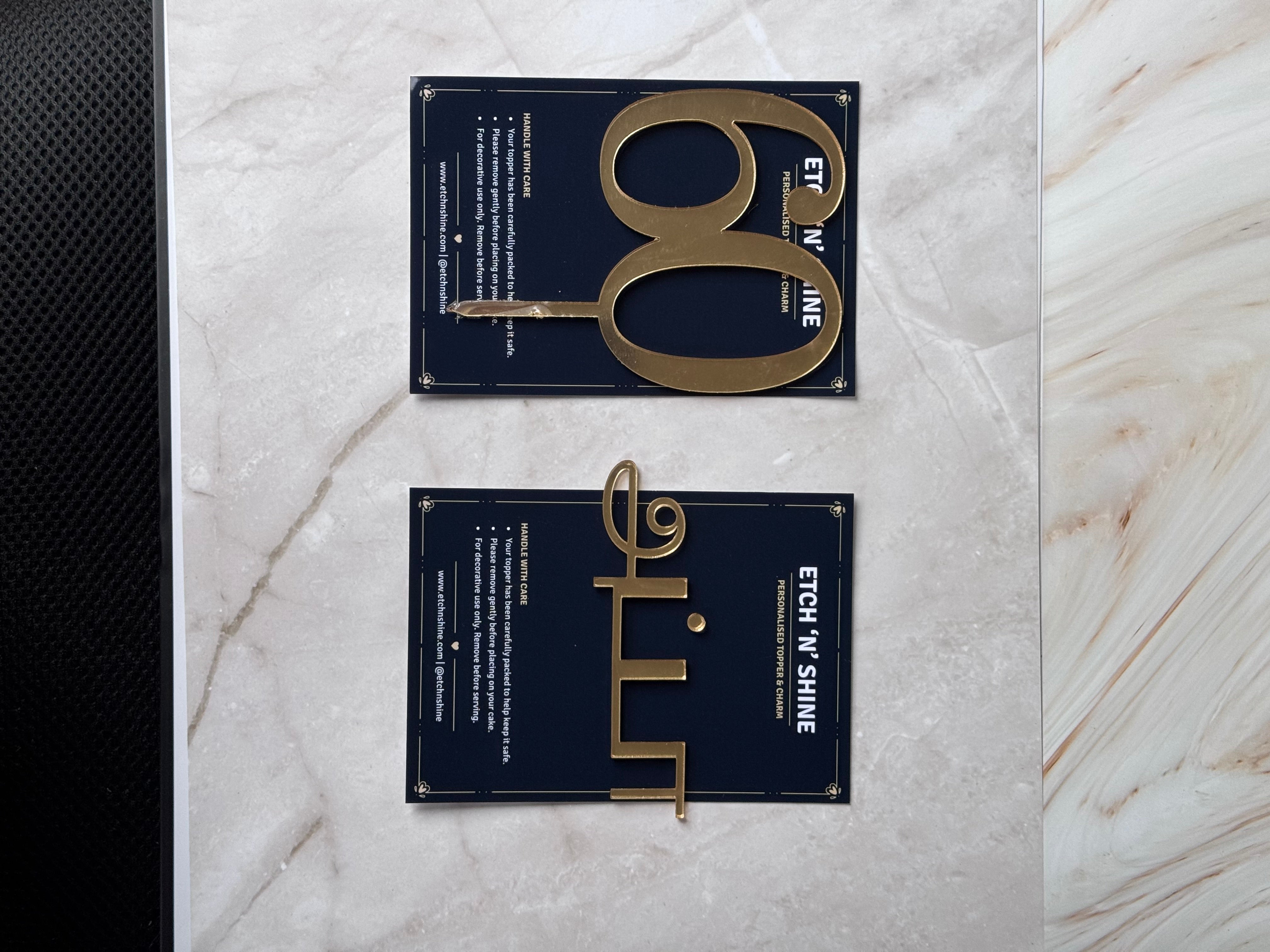 Gold mirror acrylic Appa and 60 topper set in packaging – personalised number and name cake topper set – Etch 'N' Shine