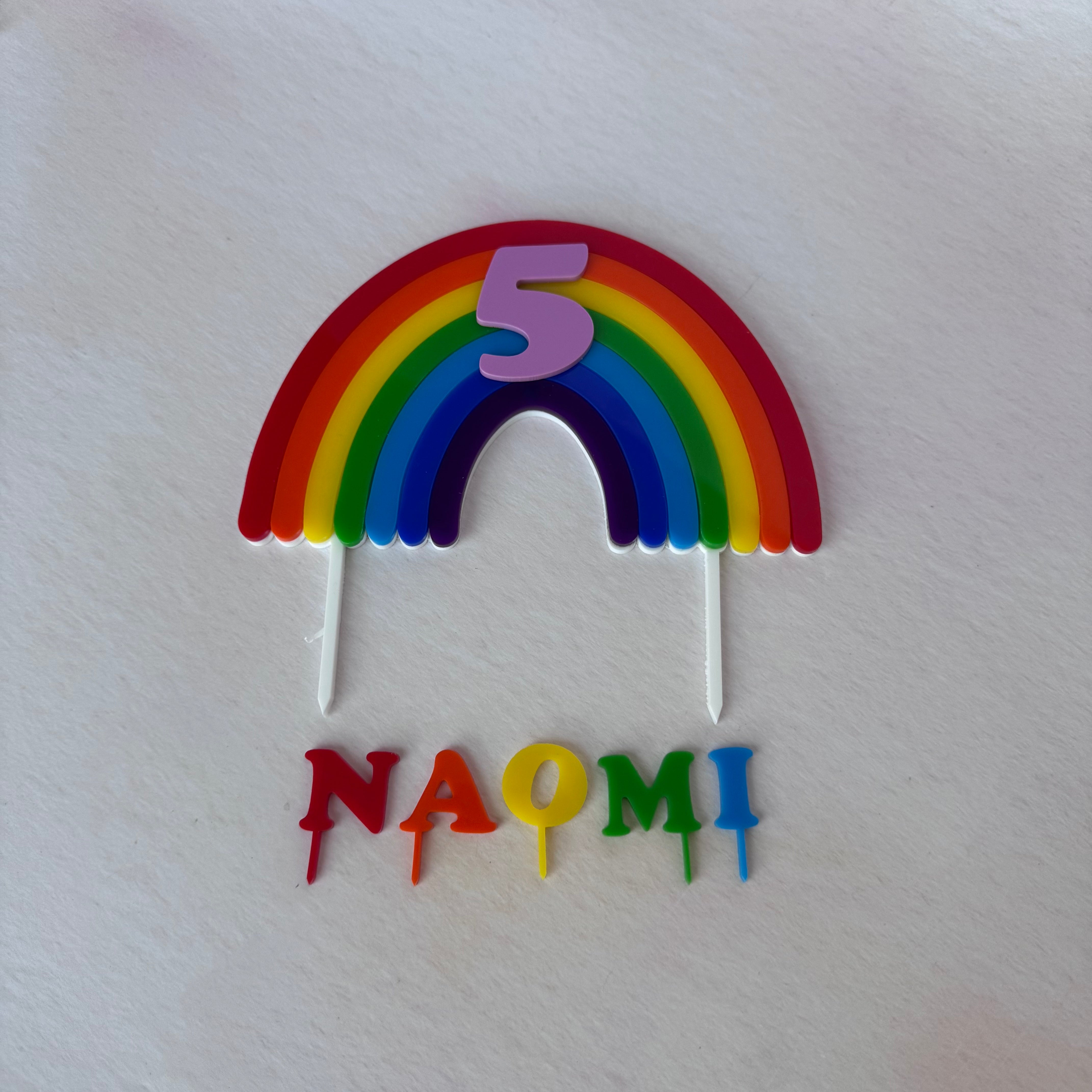 Rainbow arch topper and NAOMI name letters, second flat lay – bespoke rainbow topper set – Etch 'N' Shine