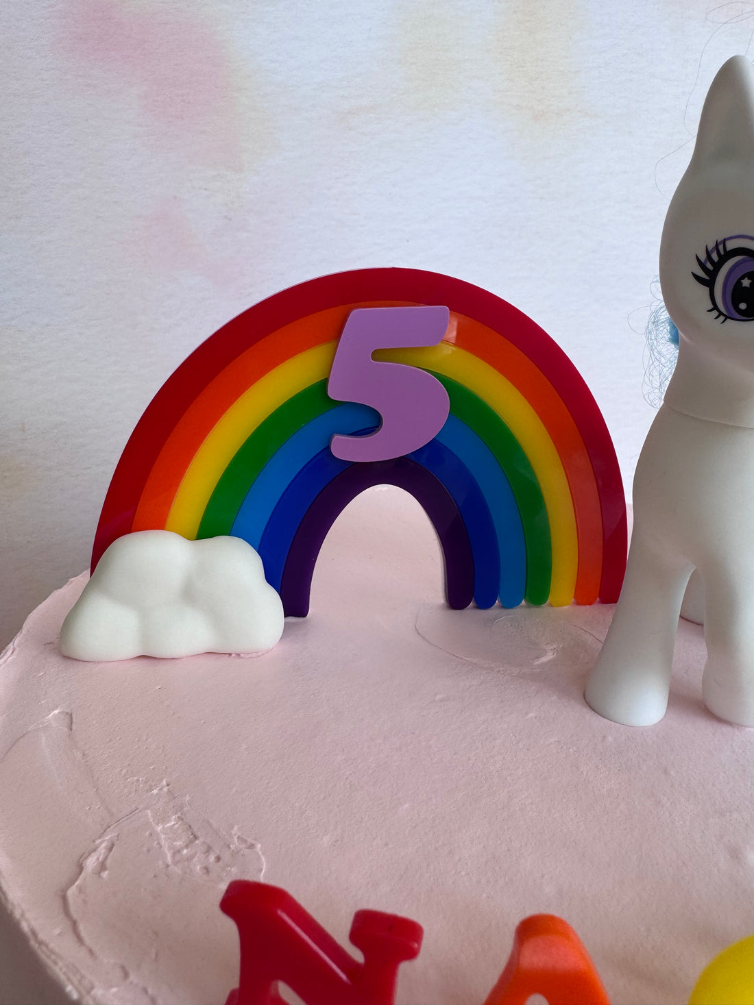 Rainbow number 5 topper on a finished birthday cake – bespoke acrylic topper set – Etch 'N' Shine