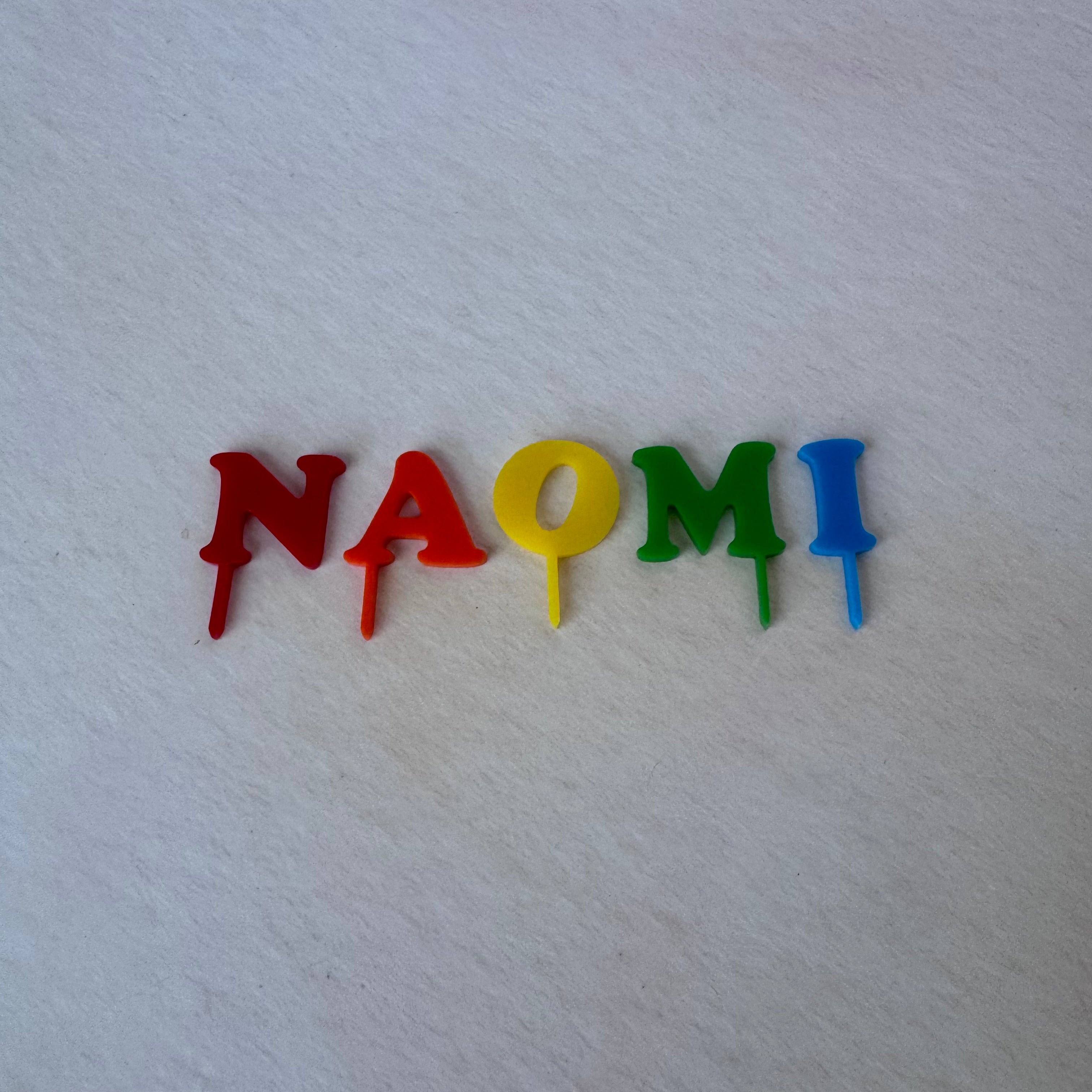 NAOMI rainbow-coloured acrylic letters on stakes – personalised name cake topper – Etch 'N' Shine