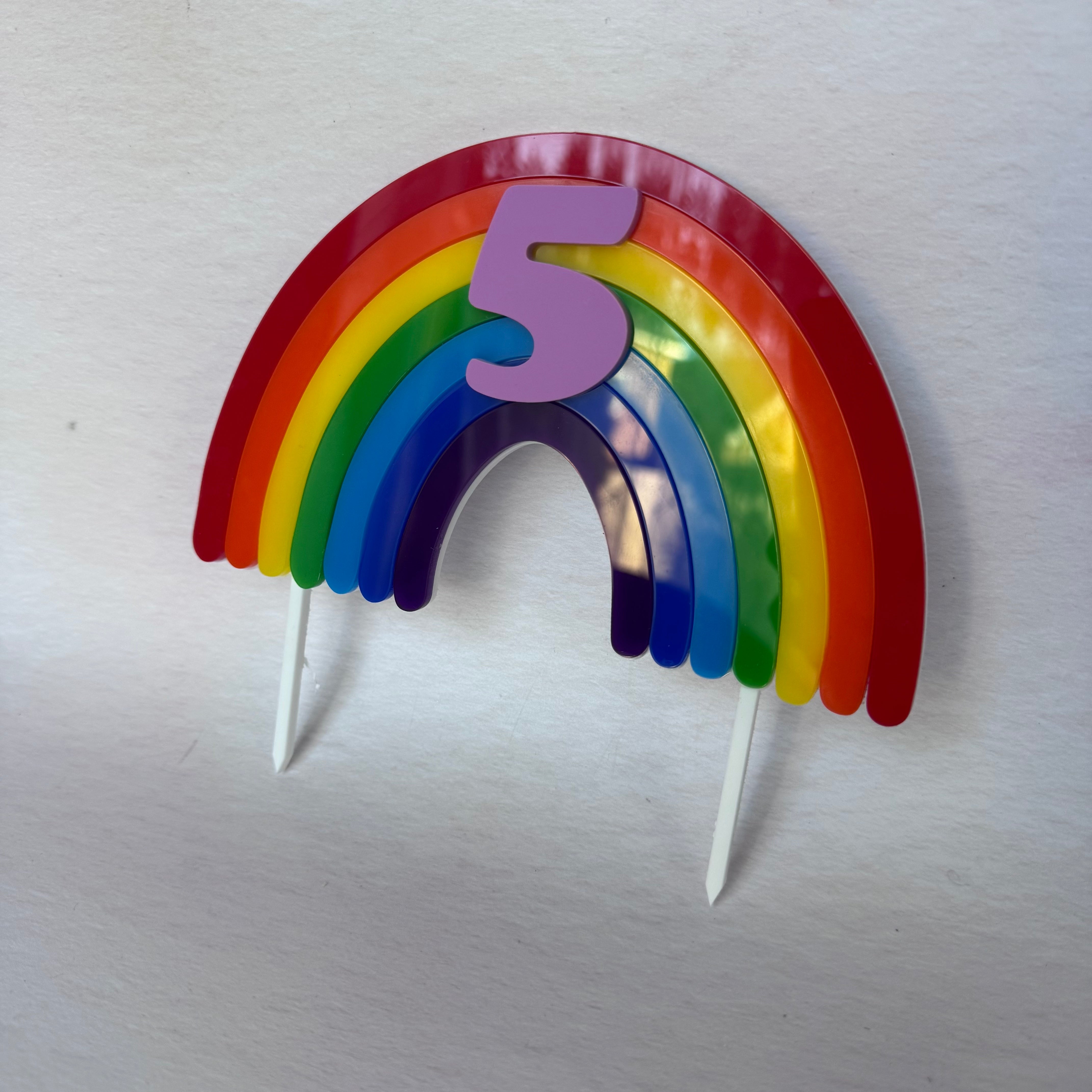 Rainbow acrylic number 5 topper seen at an angle – personalised rainbow cake topper – Etch 'N' Shine