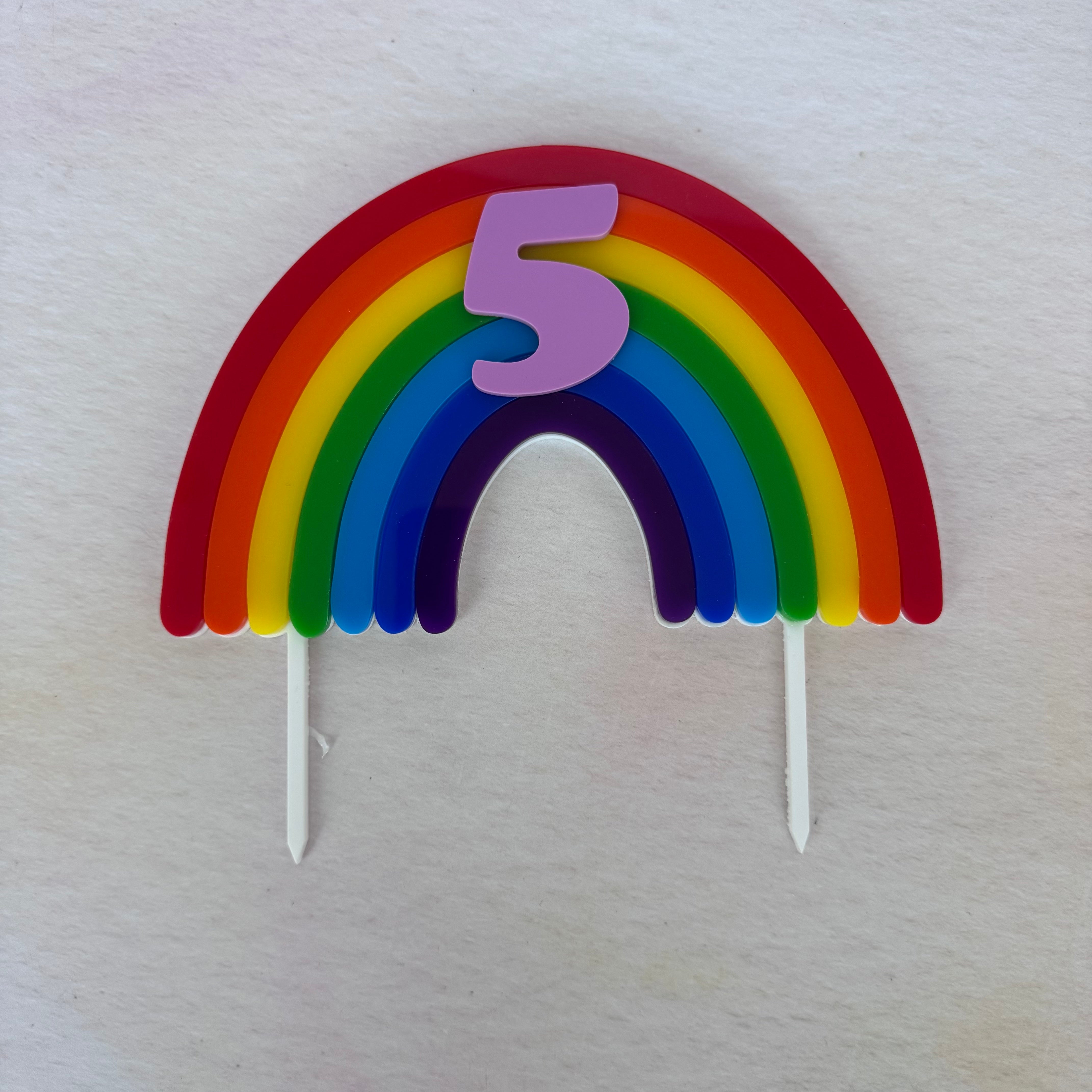 Rainbow acrylic number 5 topper, second view – personalised rainbow cake topper – Etch 'N' Shine