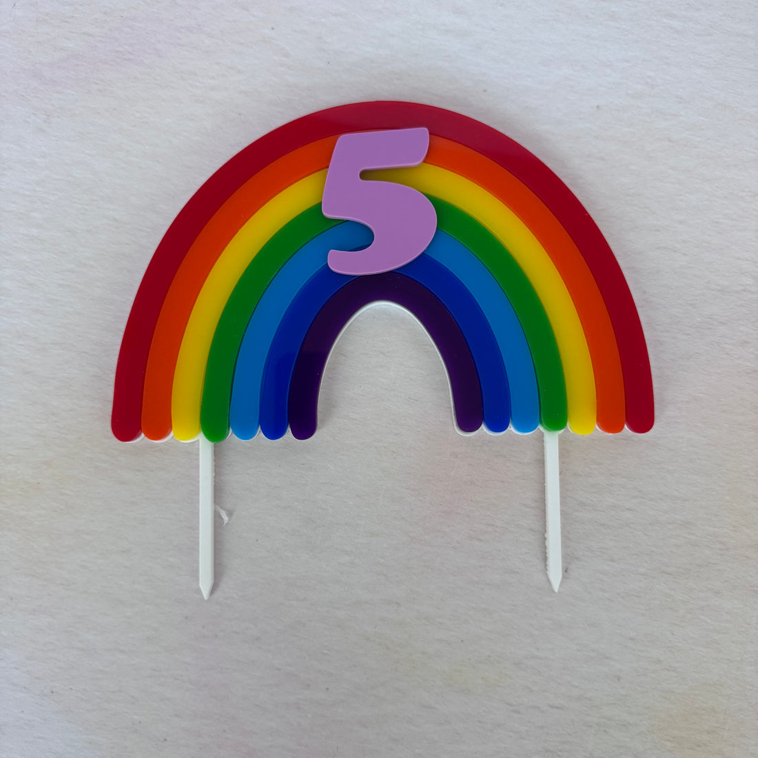 Rainbow acrylic number 5 topper, second view – personalised rainbow cake topper – Etch 'N' Shine