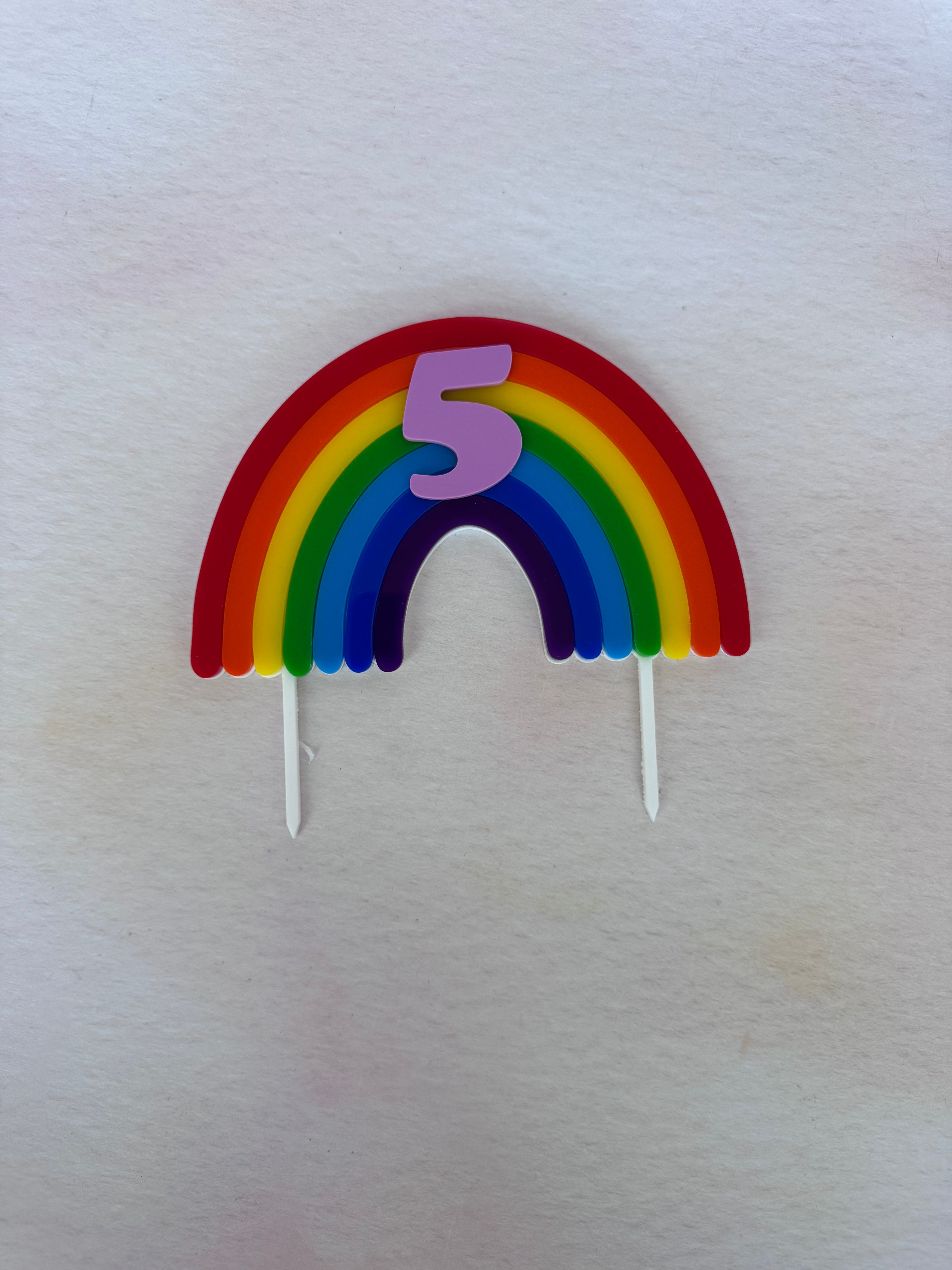 Rainbow arch acrylic cake topper with a purple number 5 and cloud shapes – personalised number topper – Etch 'N' Shine