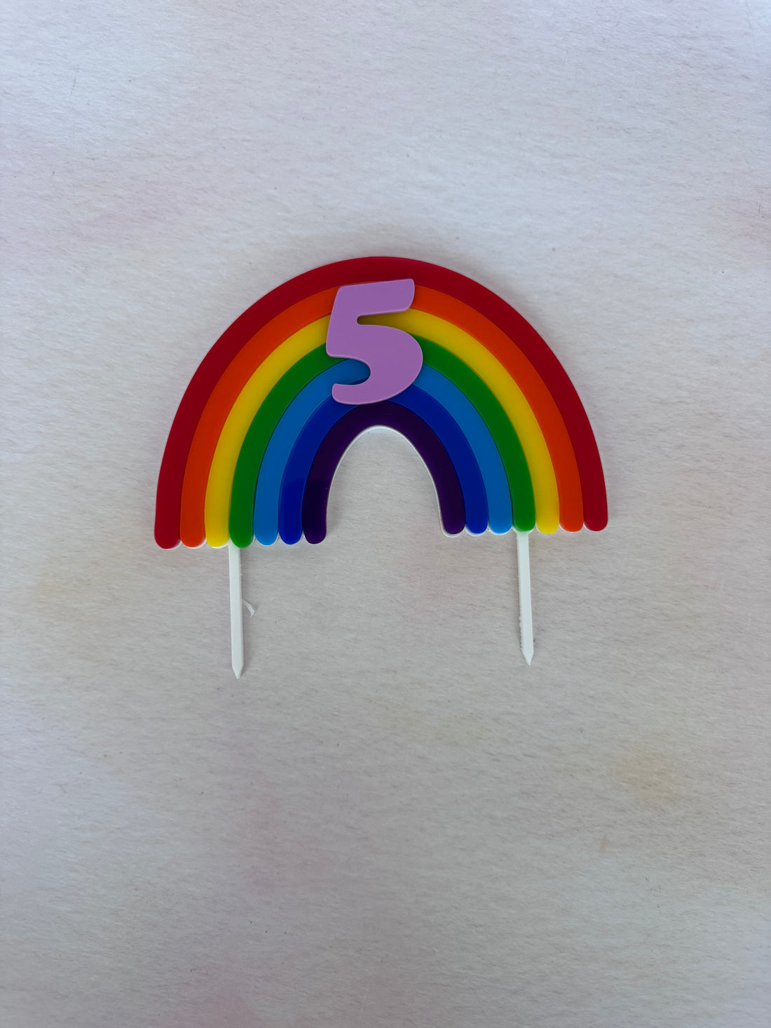 Rainbow arch acrylic cake topper with a purple number 5 and cloud shapes – personalised number topper – Etch 'N' Shine