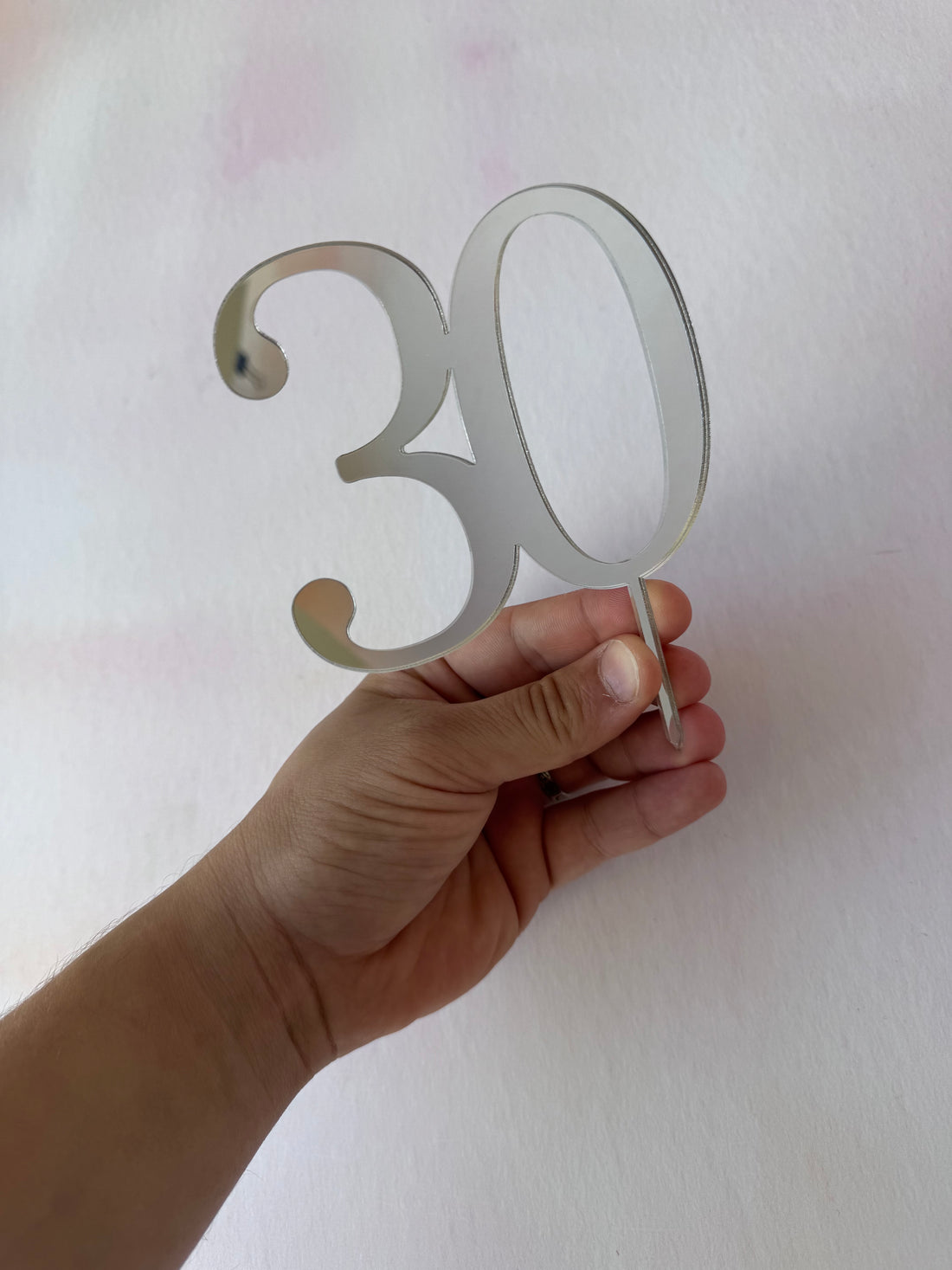 Silver mirror acrylic number 30 topper, second close-up – personalised mirror number topper – Etch 'N' Shine
