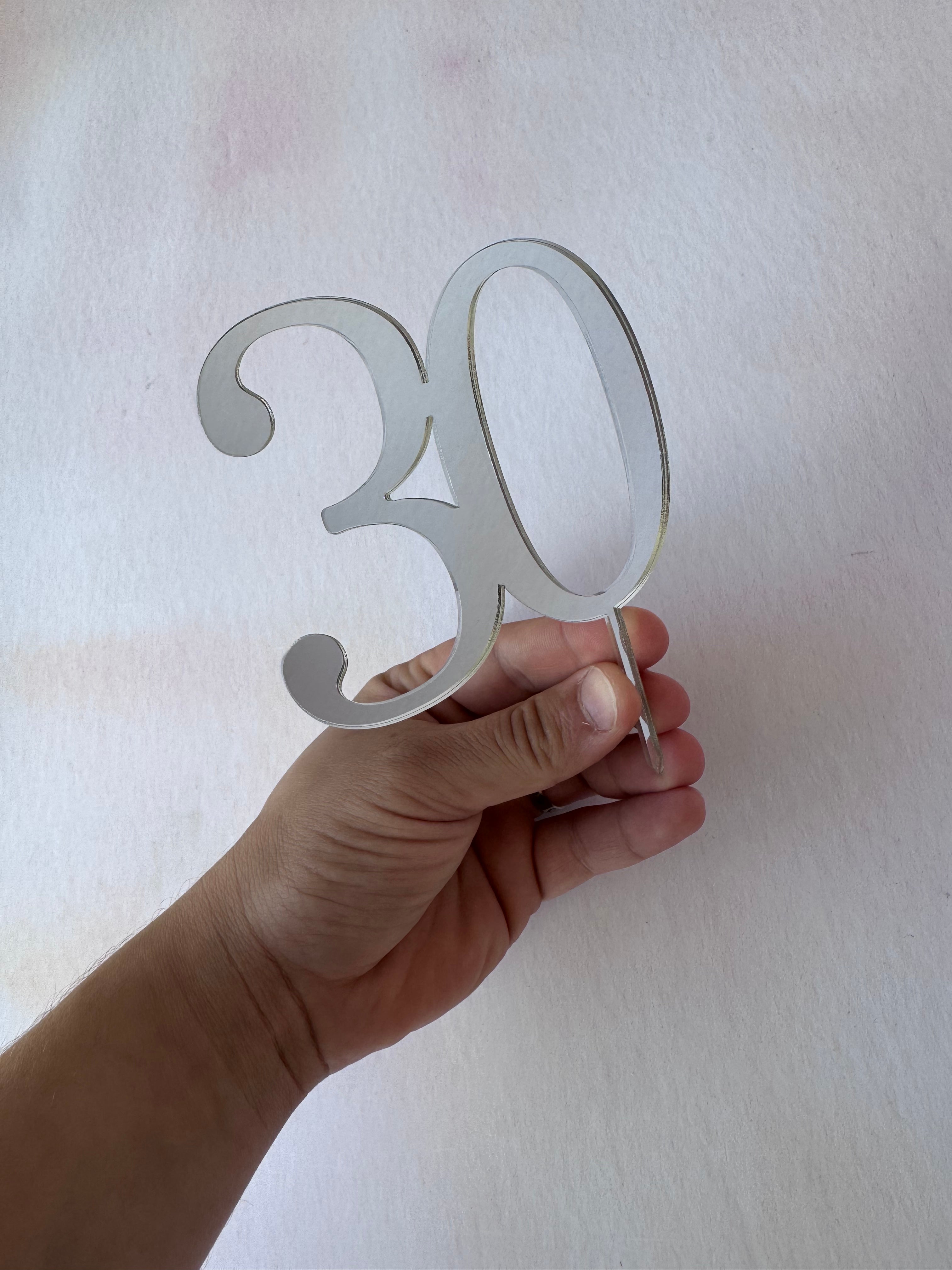 Close-up of silver mirror acrylic number 30 cake topper – personalised mirror number topper – Etch 'N' Shine