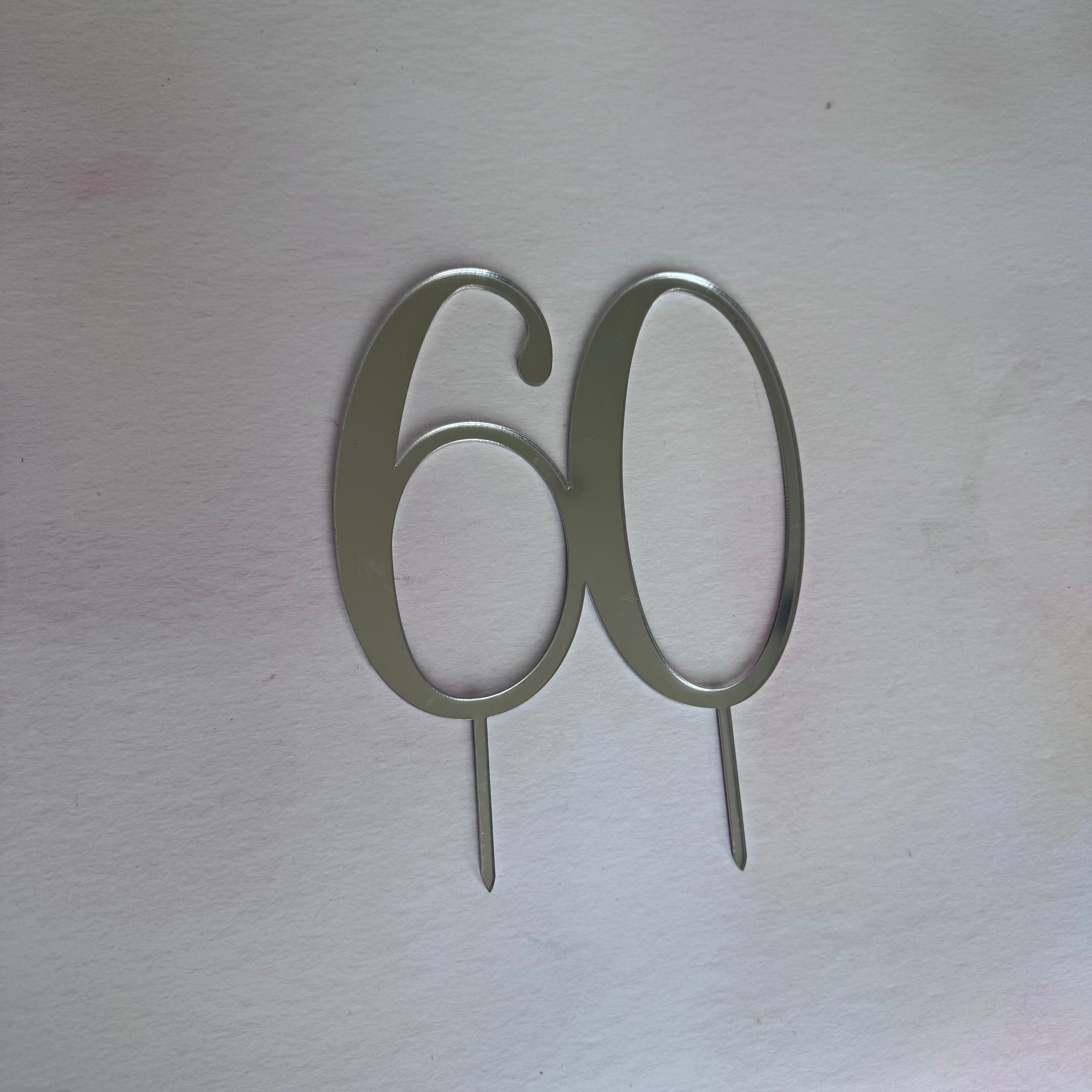 Silver mirror acrylic number 60 cake topper on a stake – personalised mirror number cake topper – Etch 'N' Shine