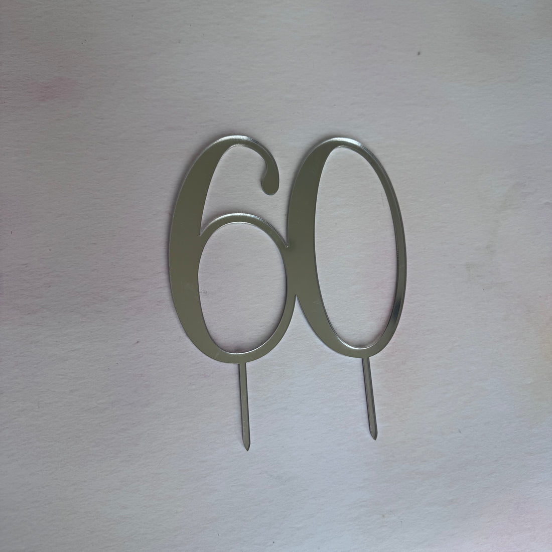 Silver mirror acrylic number 60 cake topper on a stake – personalised mirror number cake topper – Etch 'N' Shine