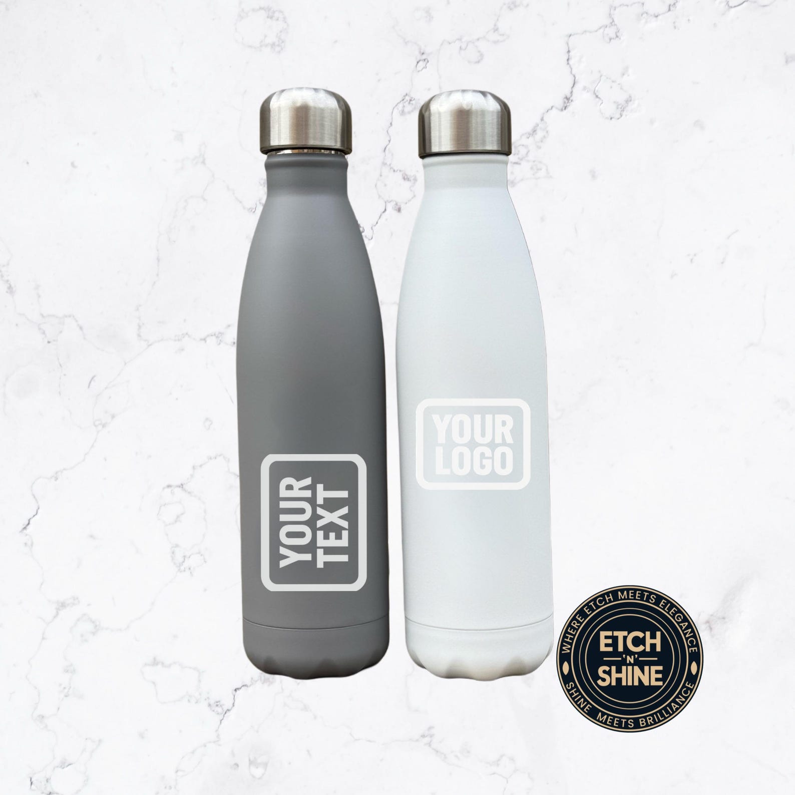 Two customizable water bottles with text and logo placeholders on a textured white background.