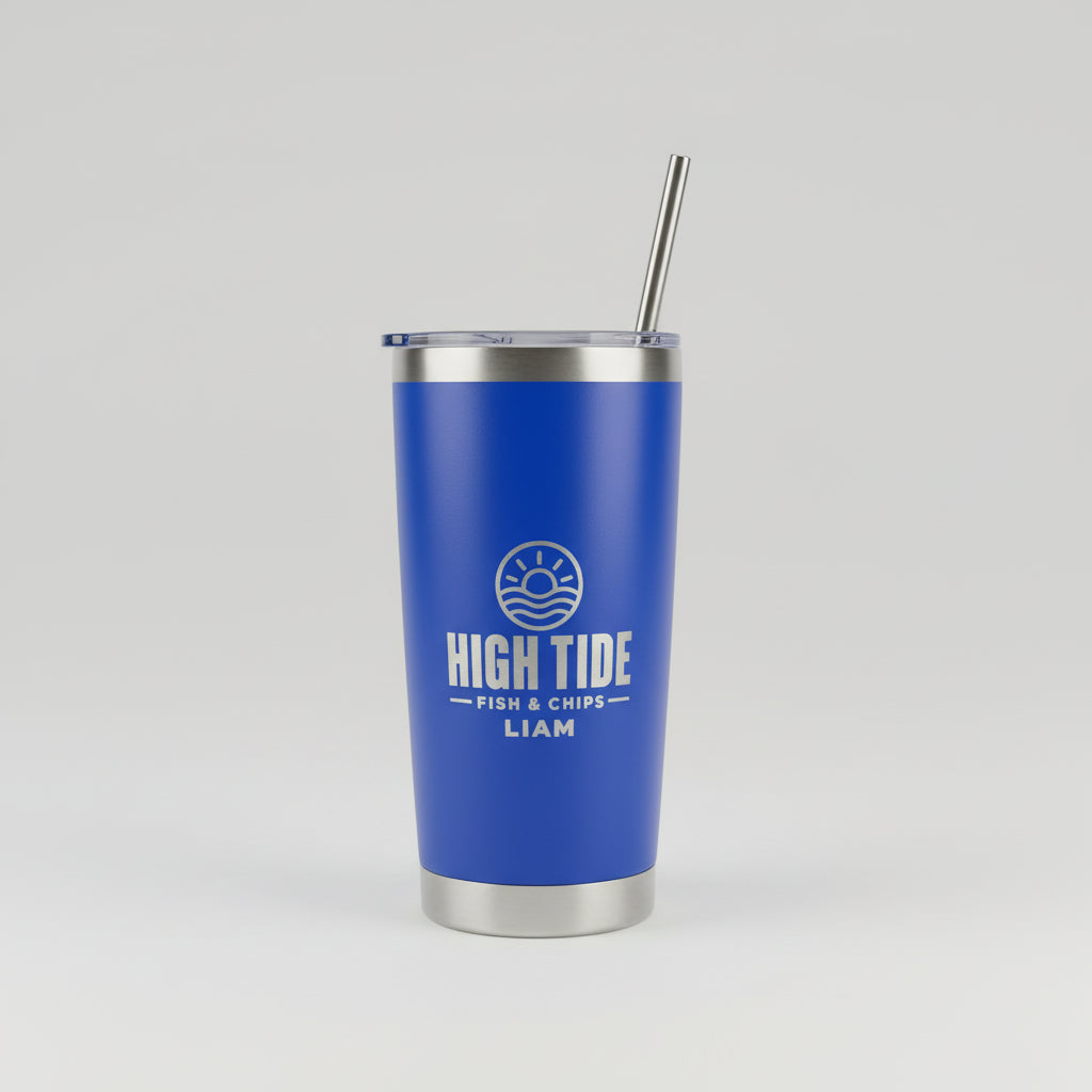 Blue 560ml steel tumbler with custom engraving – personalised insulated tumbler – Etch 'N' Shine