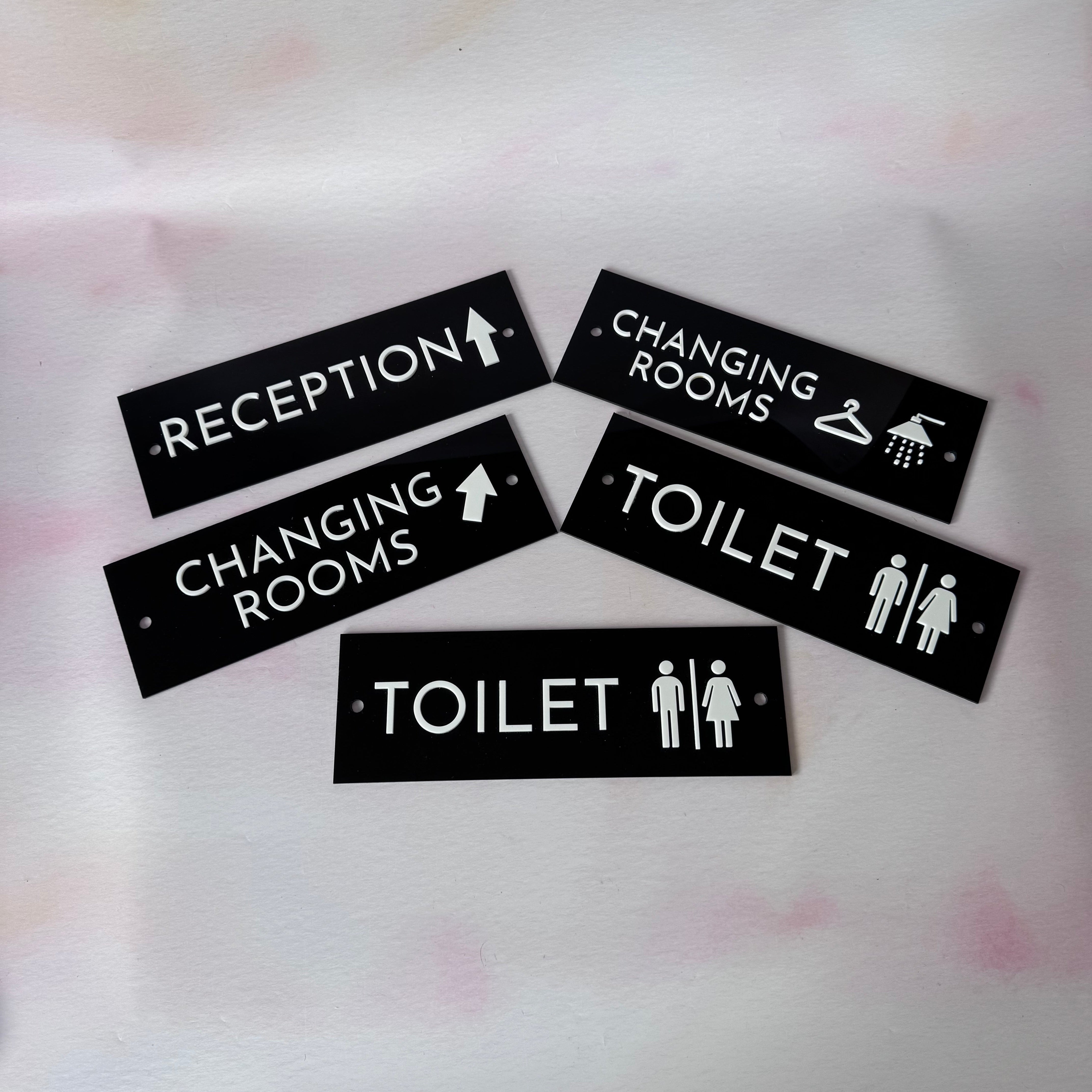 Black acrylic wayfinding set with Reception, Changing Rooms and Toilet signs – custom acrylic door signs – Etch 'N' Shine