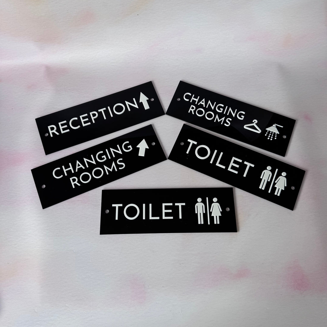 Black acrylic wayfinding set with Reception, Changing Rooms and Toilet signs – custom acrylic door signs – Etch 'N' Shine