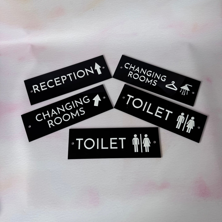 Black acrylic wayfinding set with Reception, Changing Rooms and Toilet signs – custom acrylic door signs – Etch 'N' Shine