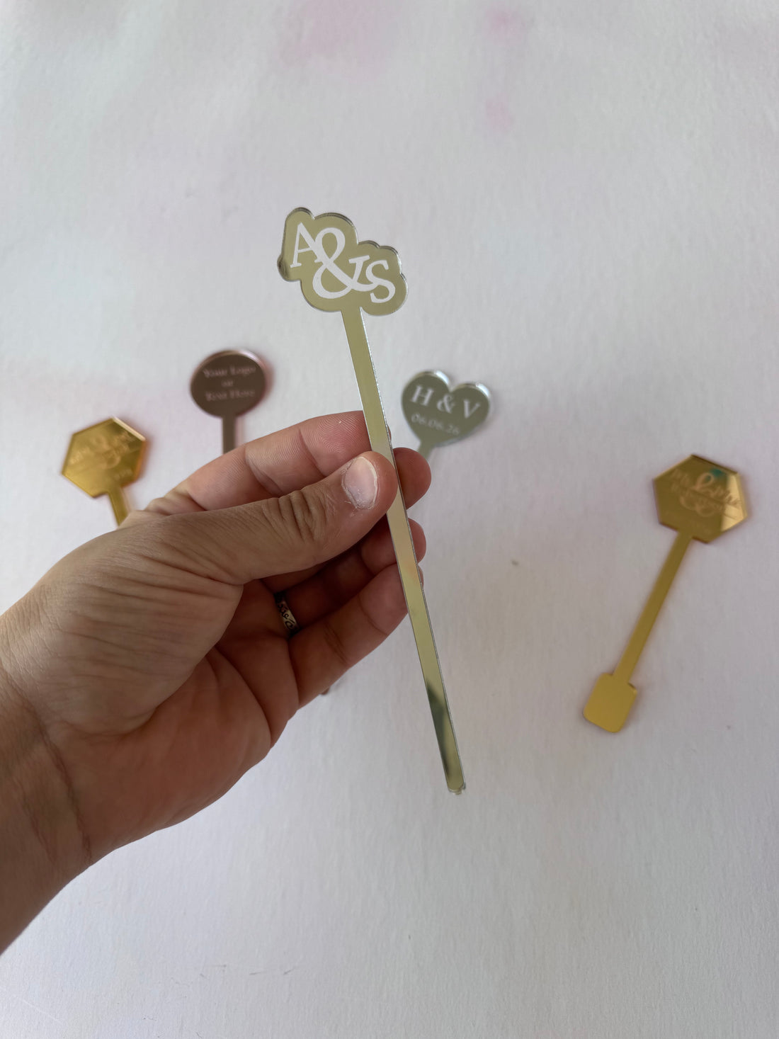 Silver mirror acrylic drink stirrer with an A and S ampersand topper – Etch 'N' Shine