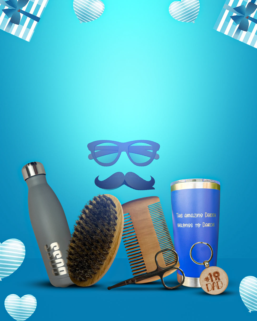 Set of grooming products including a bottle, brush, comb, and tumbler on a blue background with decorative elements.