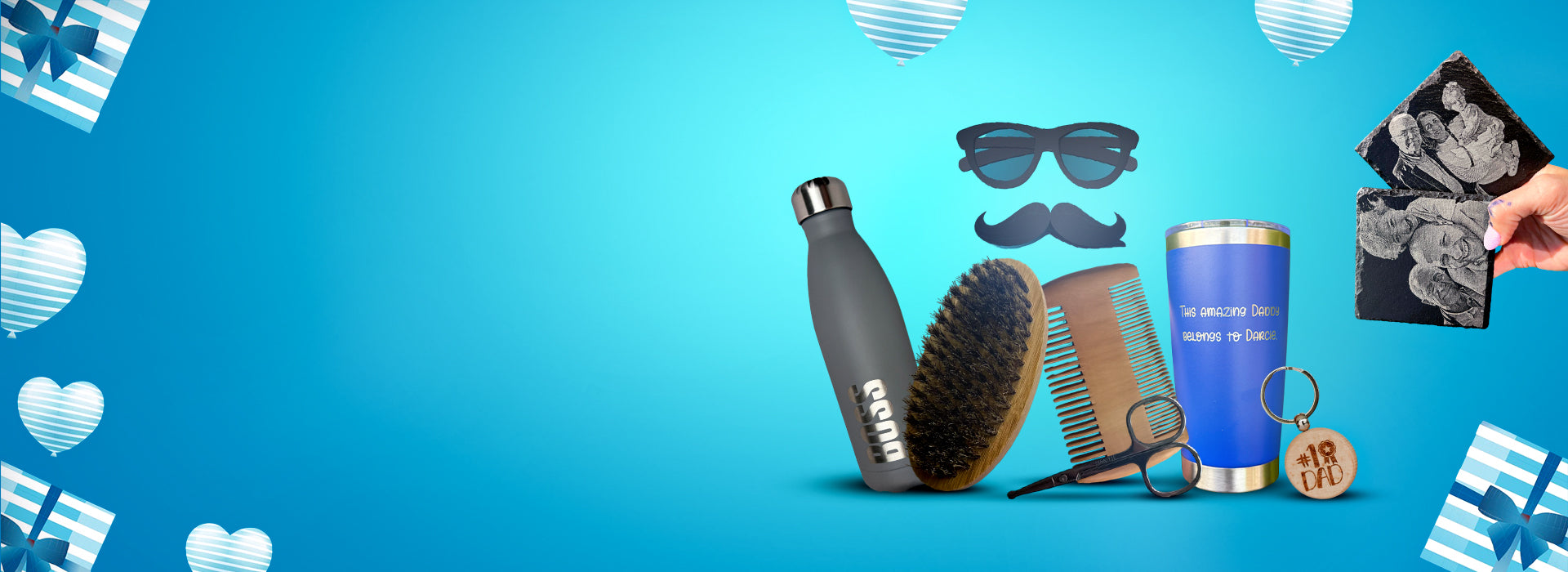 Collection of grooming products on a blue background with decorative elements.