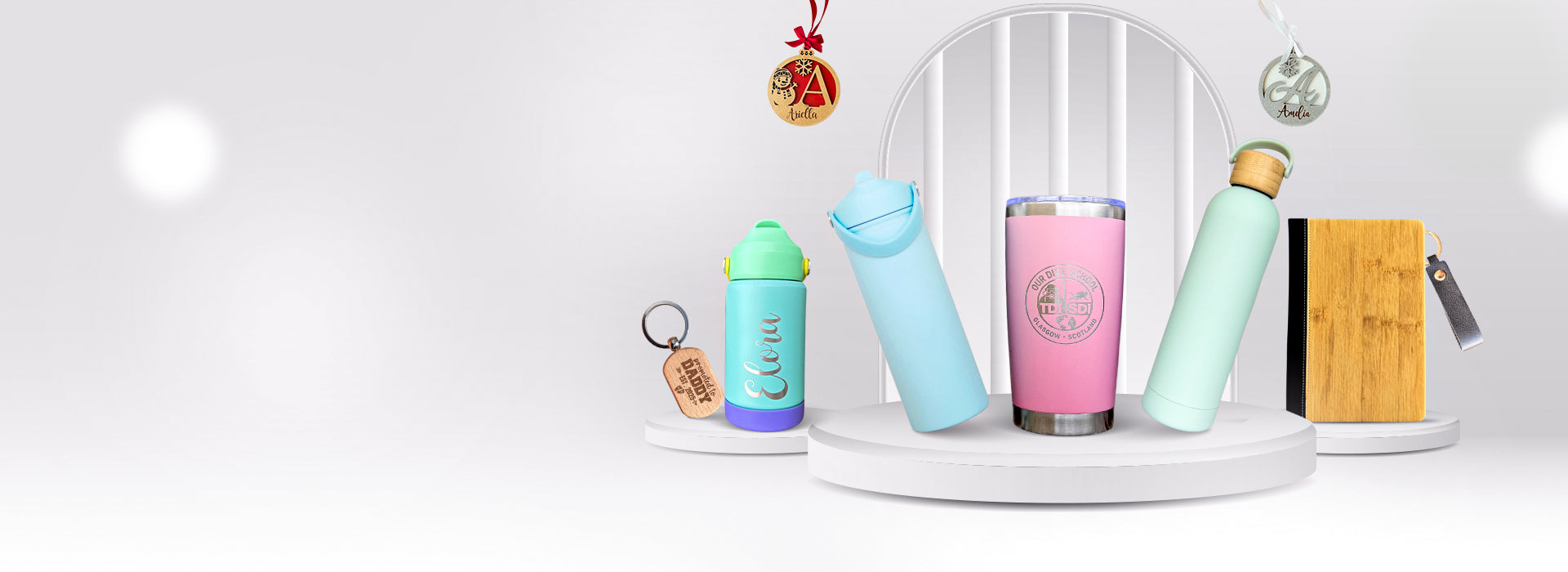 Colorful water bottles on a white background