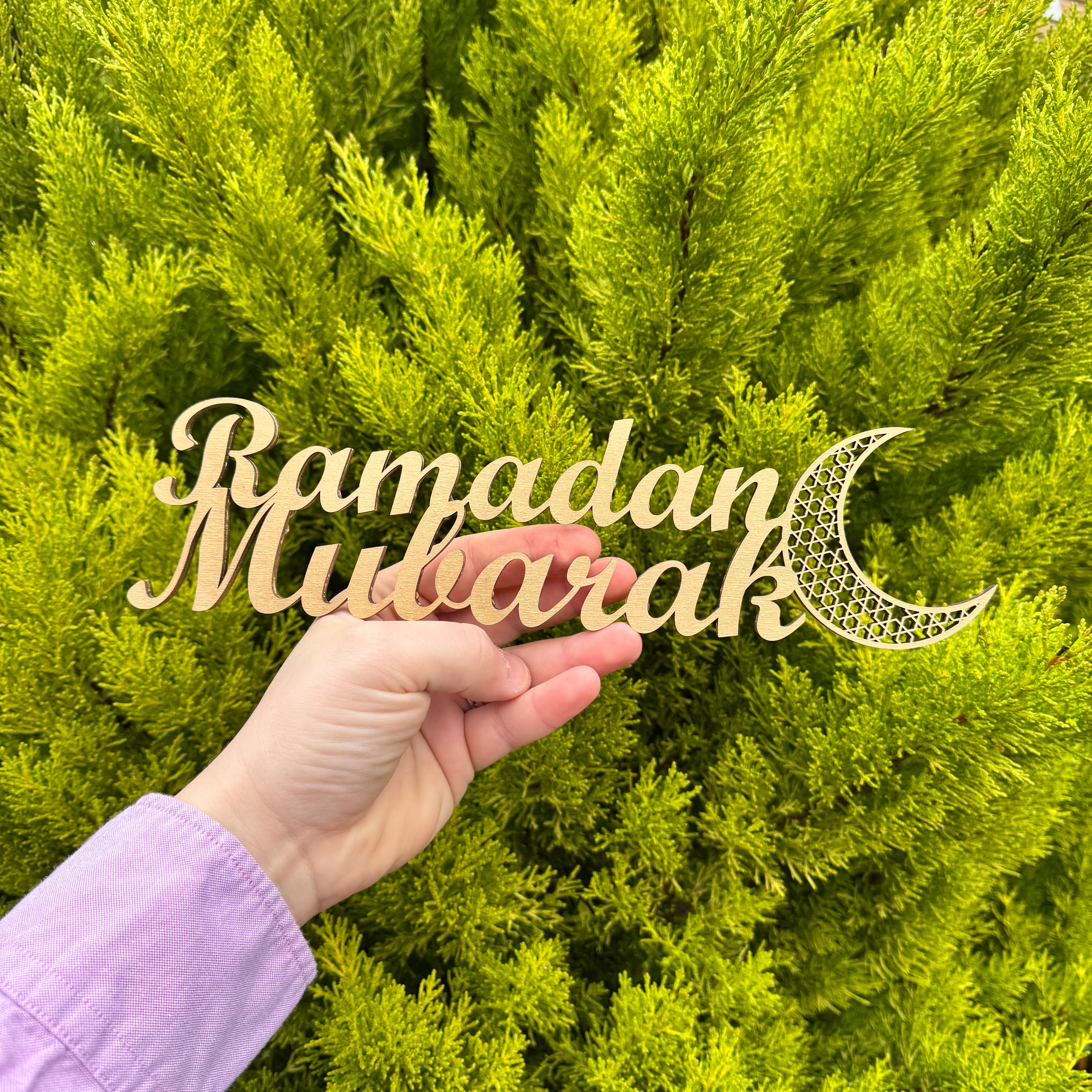 Hand holding a 'Ramadan Mubarak' sign with a crescent moon against a green bush background