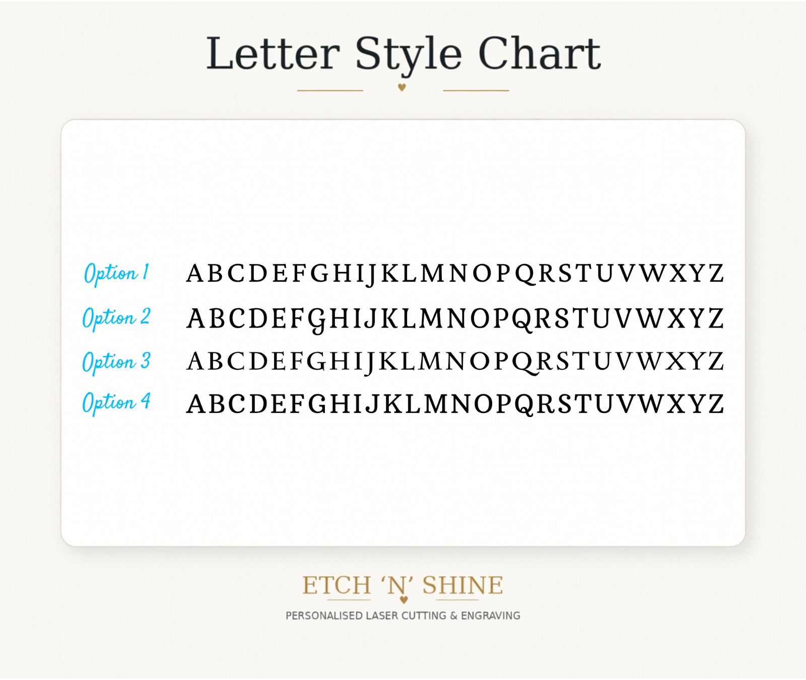 Letter style chart with four different letter options on a white background, featuring the brand 'Etch 'N' Shine'.