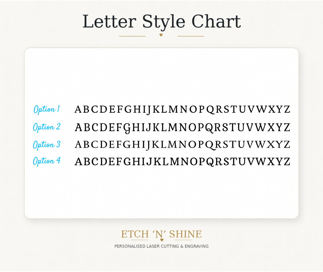 Letter style chart with four different letter options on a white background, featuring the brand 'Etch 'N' Shine'.