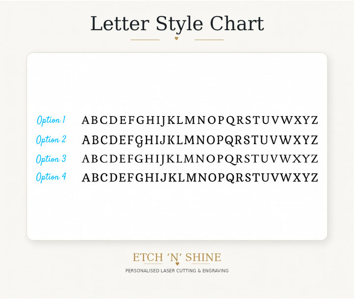 Letter style chart with four different letter options on a white background, featuring the brand 'Etch 'N' Shine'.