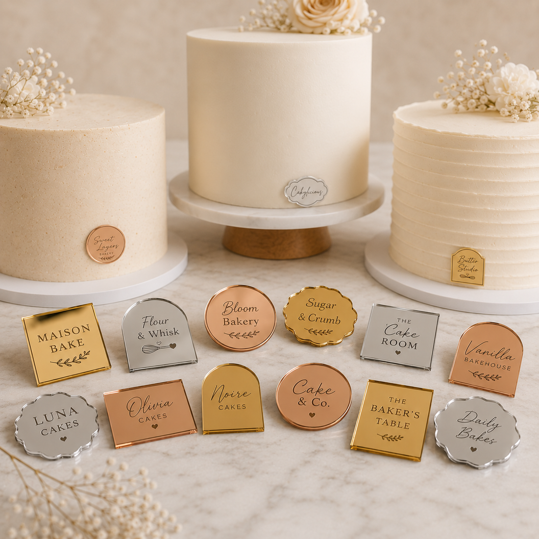 Collection of cake name tags with various bakery names displayed in front of three cakes.