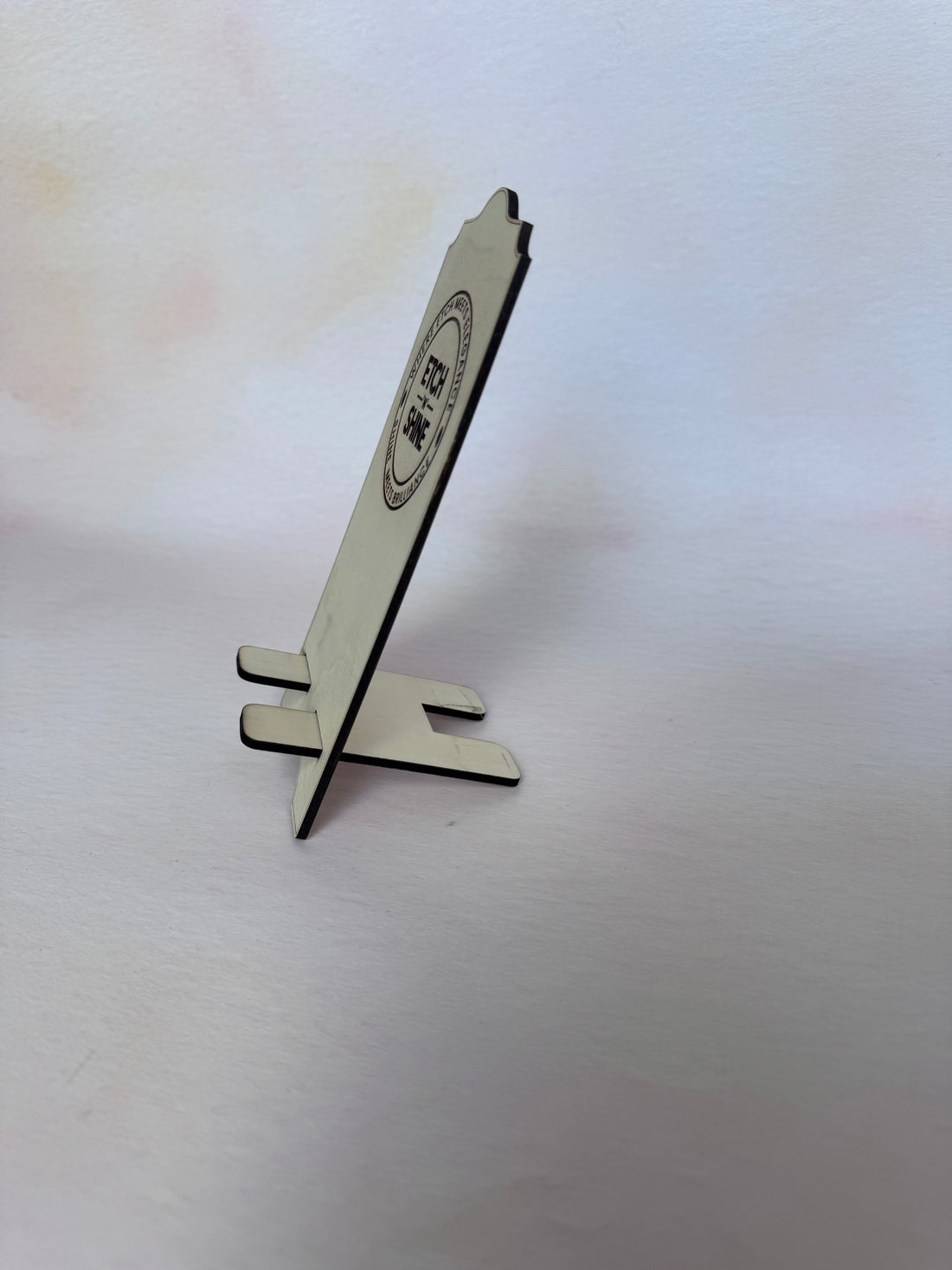 Birch plywood phone stand seen from the side, showing the slotted base – Etch 'N' Shine