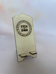 Birch plywood phone stand engraved with a circular logo – personalised wooden phone stand – Etch 'N' Shine