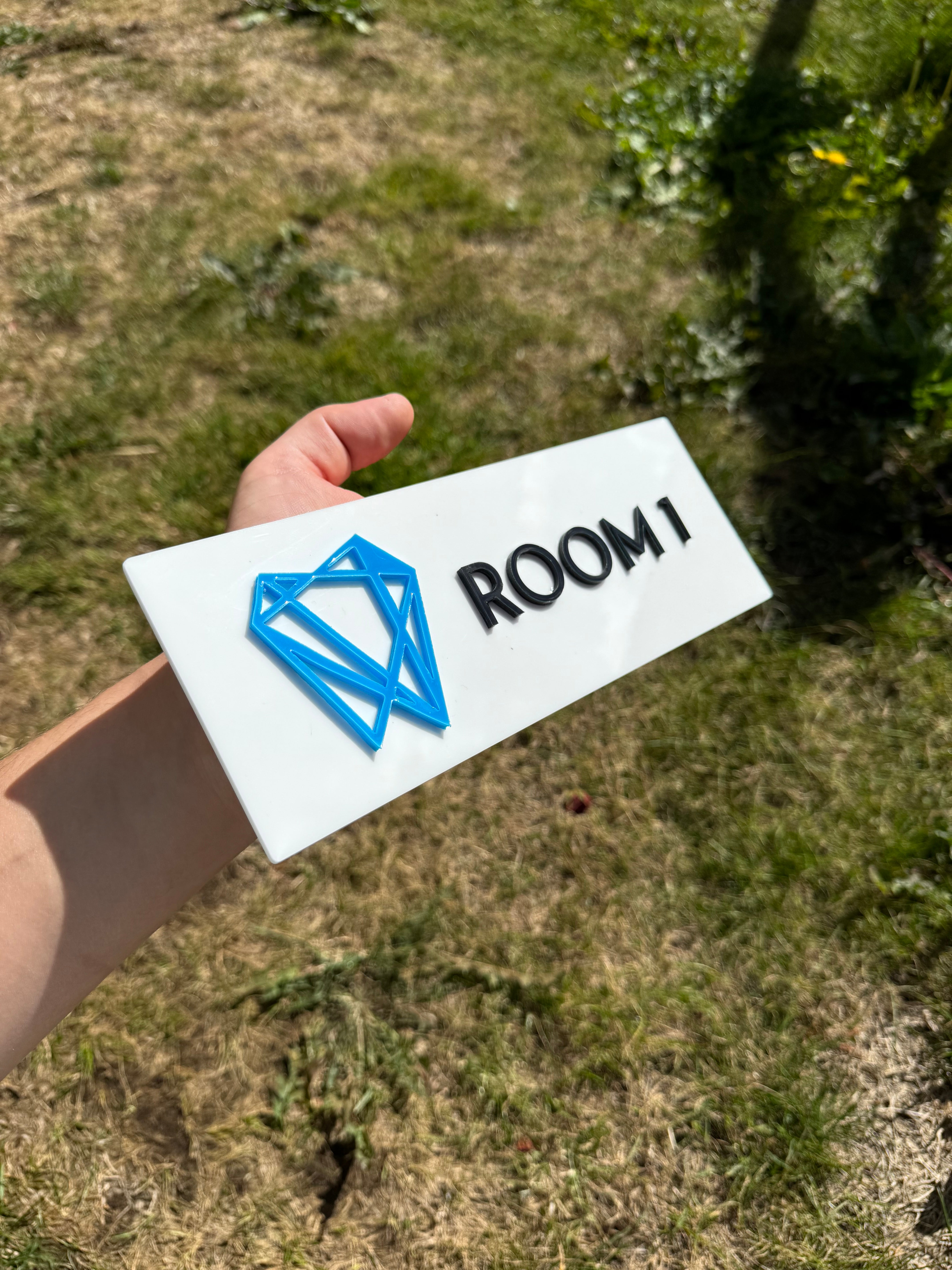 Hand holding a white card with blue geometric design and 'ROOM' text outdoors.