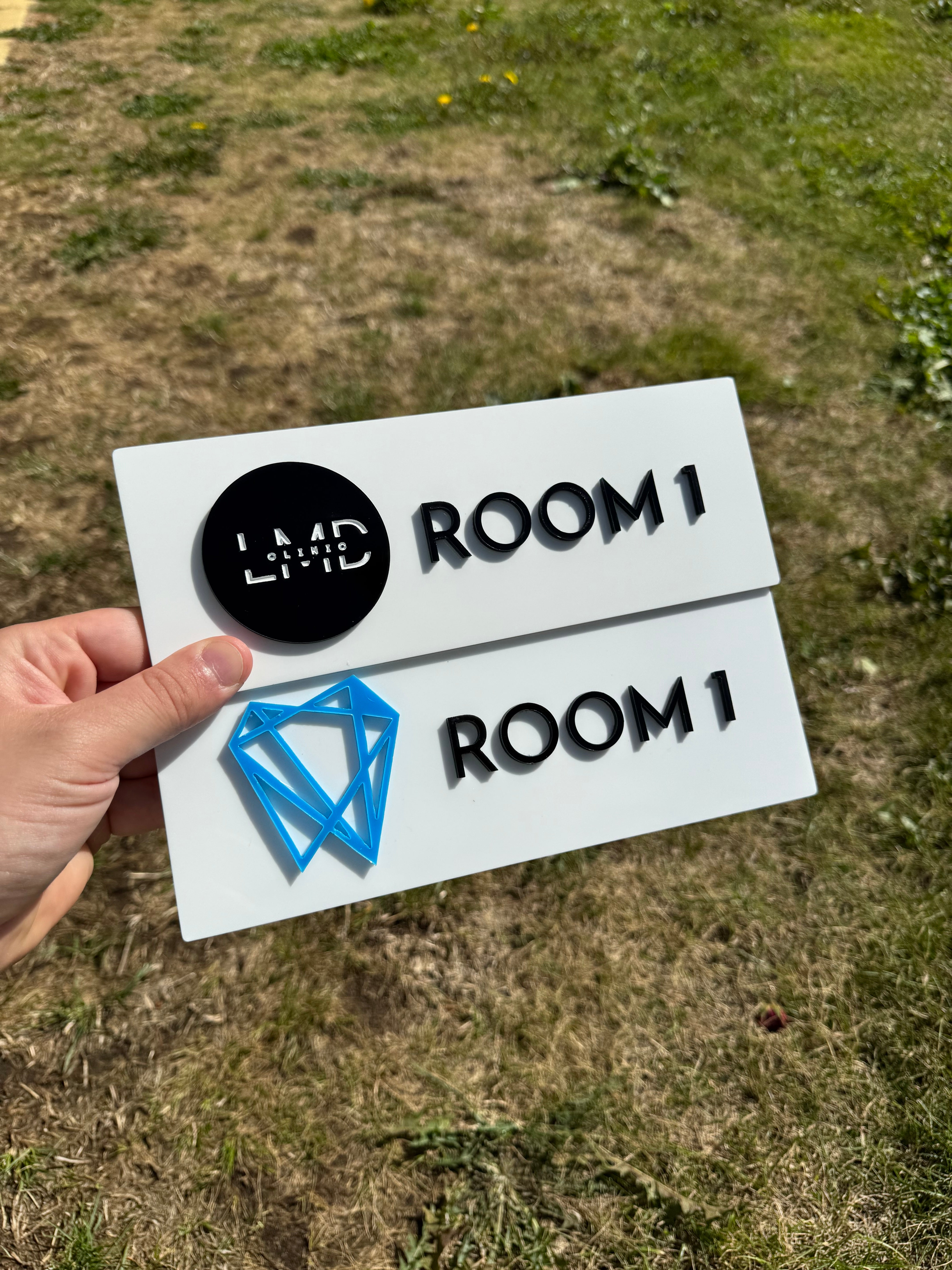 Two room signs with 'ROOM 1' text held by a hand against a grassy background