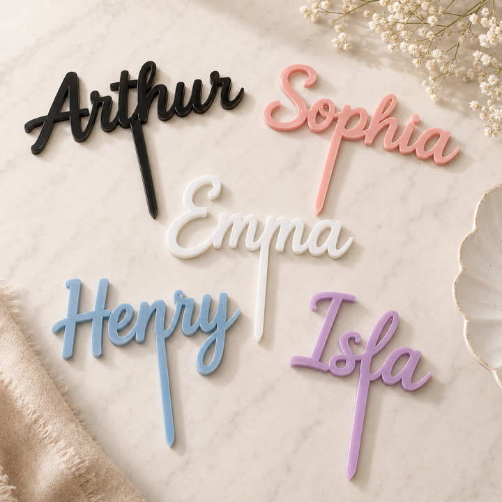 Colorful name signs on a neutral background with flowers