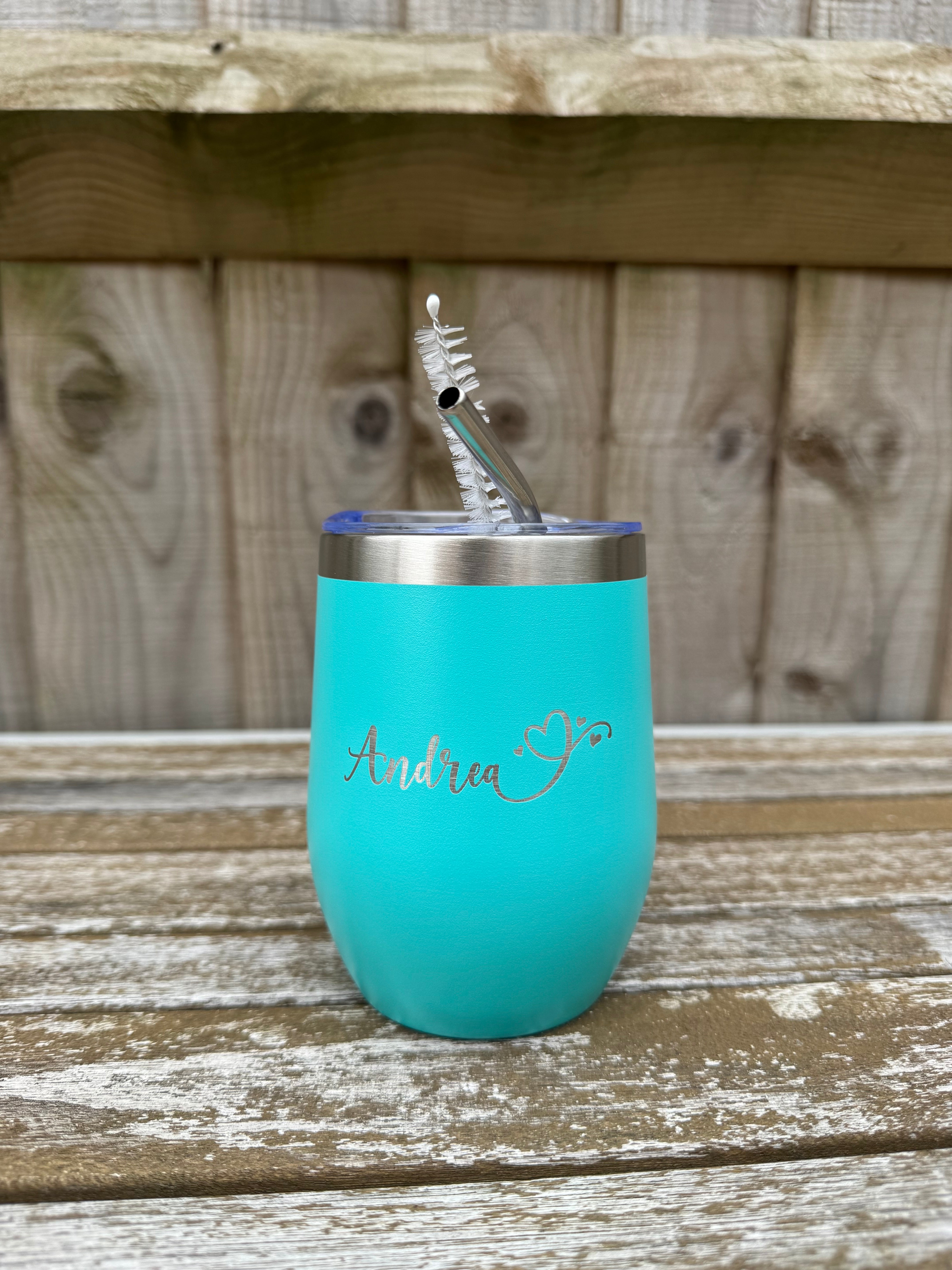 Teal personalised stainless steel tumbler with engraved name Andrea, metal straw and cleaning brush, eco-friendly cup gift